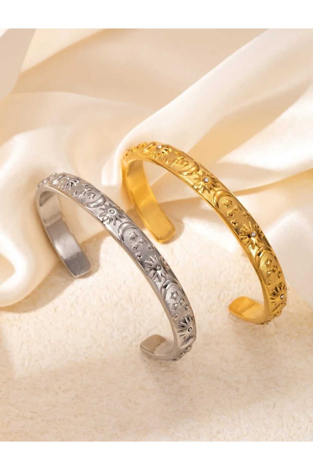 Umrece 2'li Set Gold-Silver Güneş Yıldız Hilal Model Zirkon Taşlı Bileklik (Ayarlanabilir) görsel 2