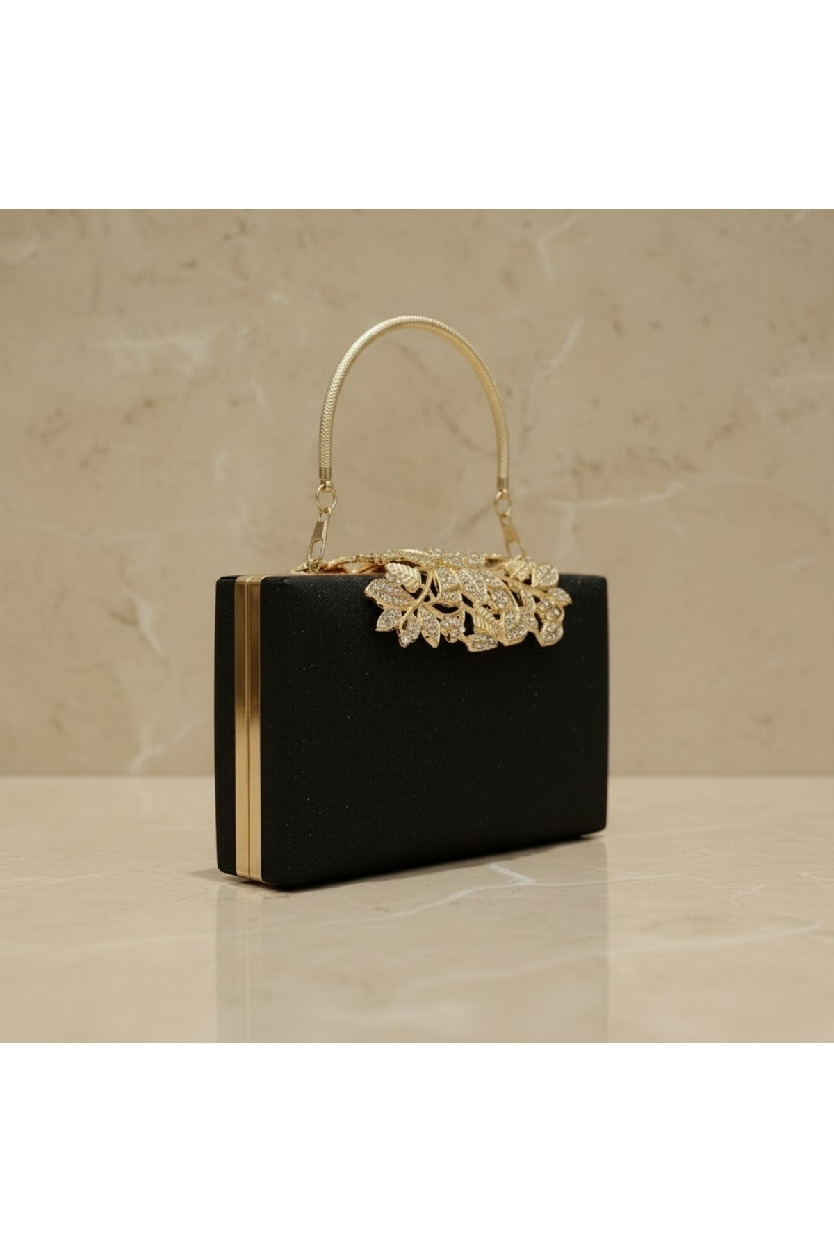 Dilora Lüks Görünümlü Gold Taş İşlemeli Siyah Kadın Abiye Çanta Işıltılı Clutch Portföy Düğün Nişan Gece Davet Çantası görsel 4