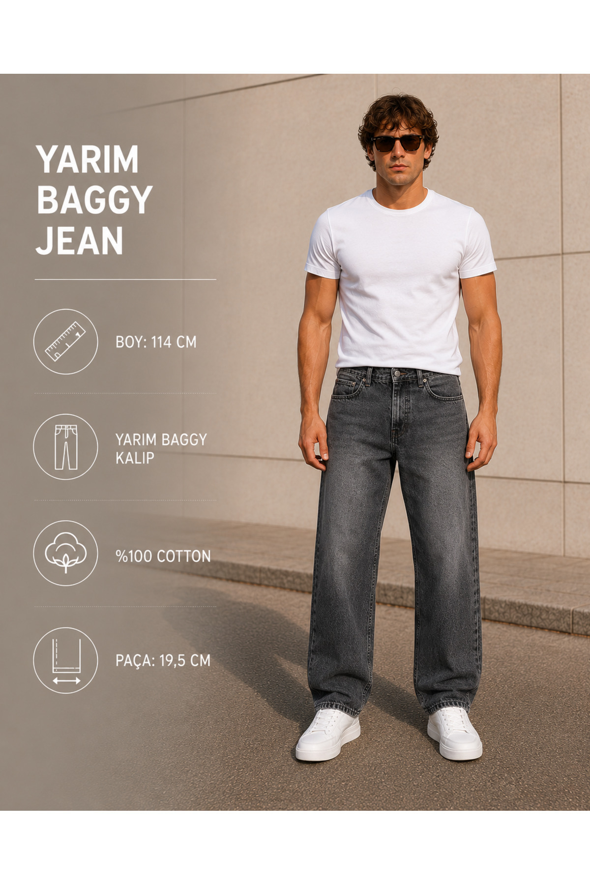 fashionistanbul Erkek Antresit Siyah Baggy Jean Pantolon Rahat Kalıp Geniş Paça Denim Kot
