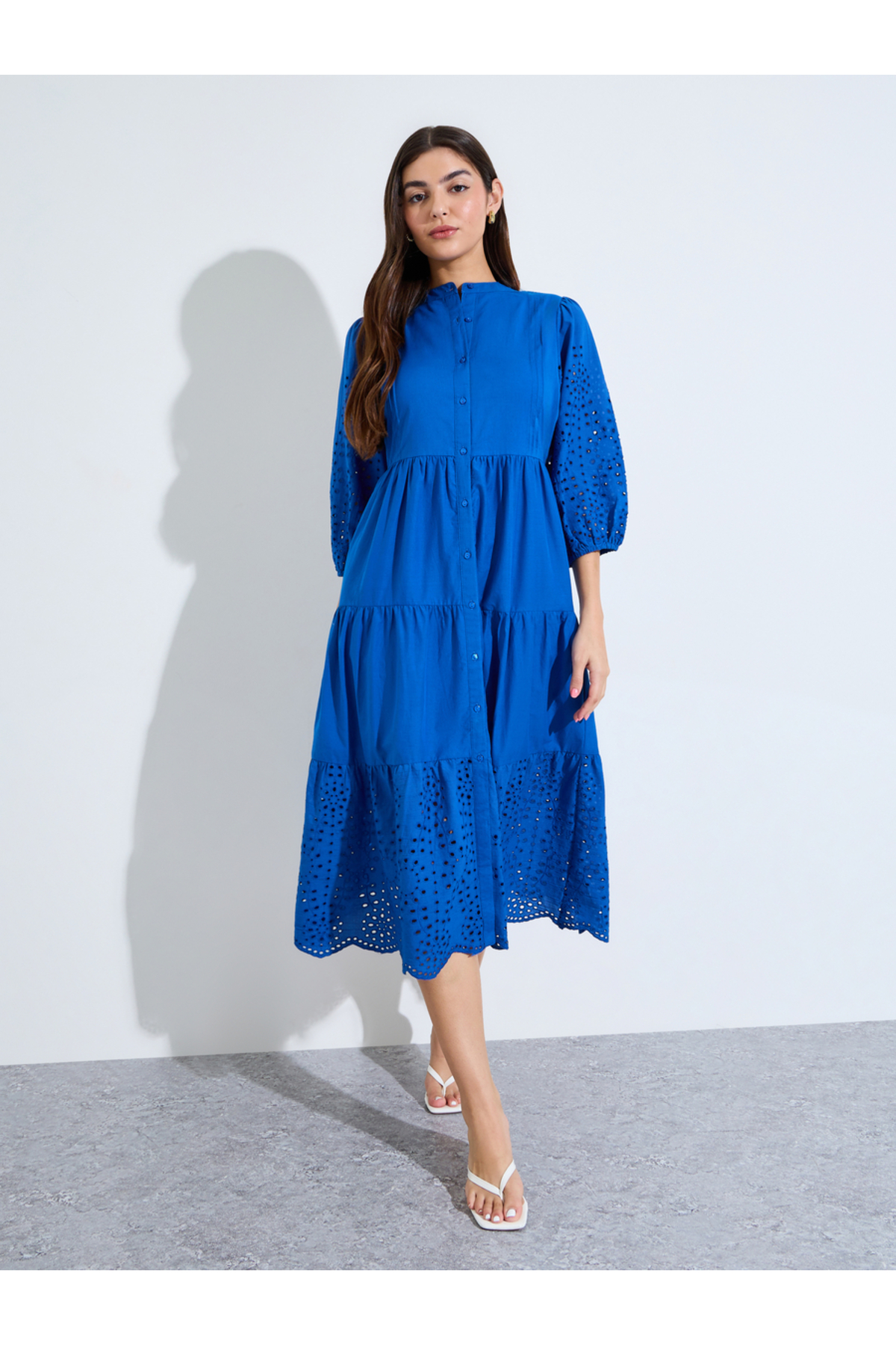 Styli Blue Schiffli Detail Shirt Midi Dress