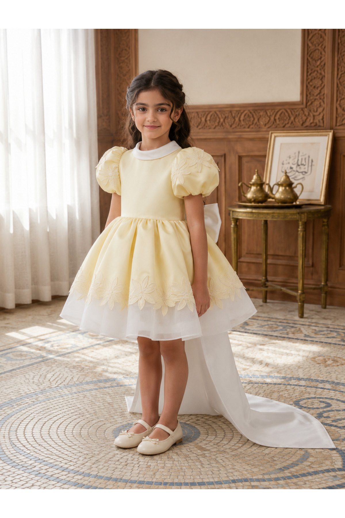Girls Luxury Floral Embroidered Prom Dress with Long Statement Bow Train – Butter Yellow