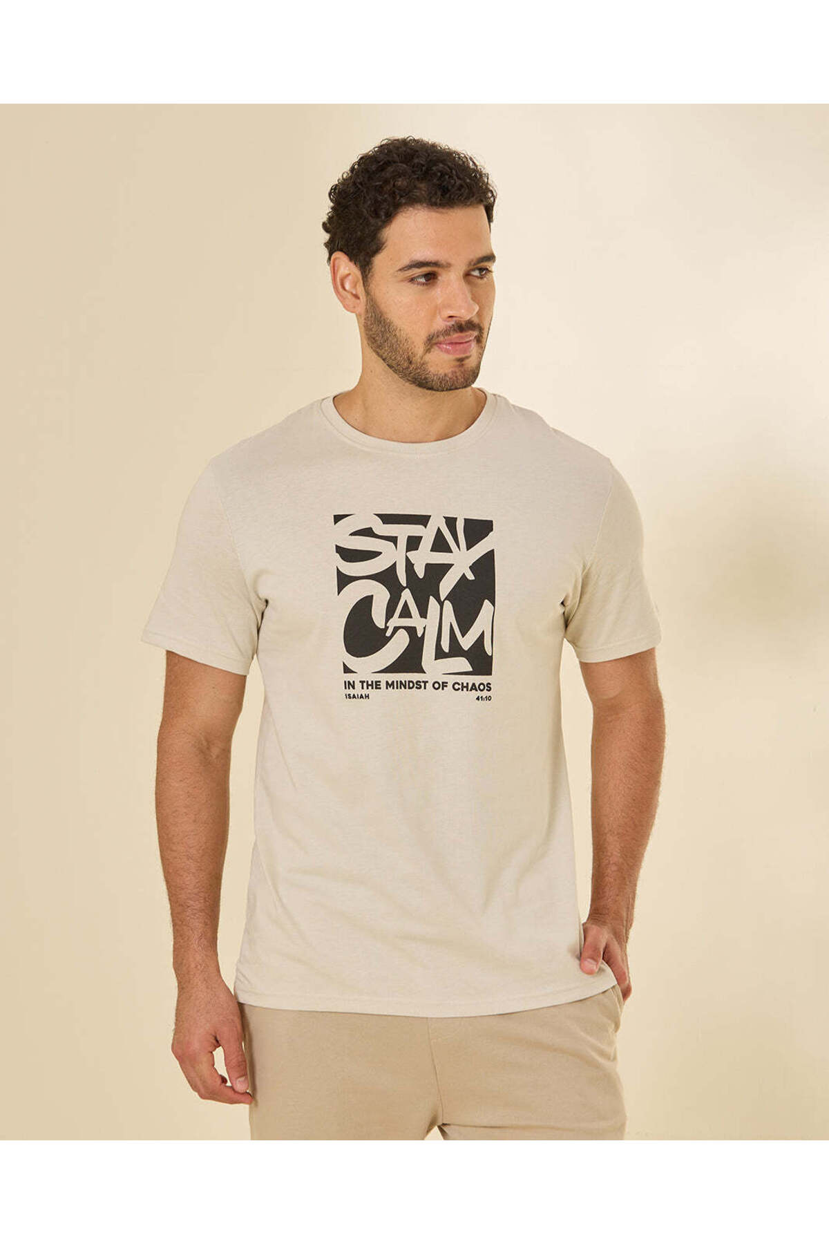 REDTAG Men Beige Graphic T-Shirt
