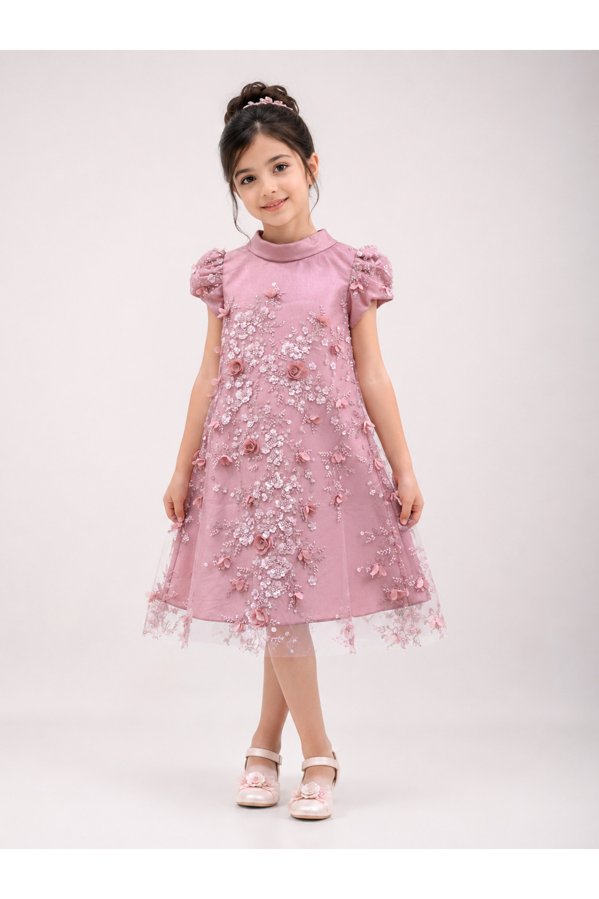 Girls Luxury 3D Floral Embellished Occasion Dress – Dusty Pink
