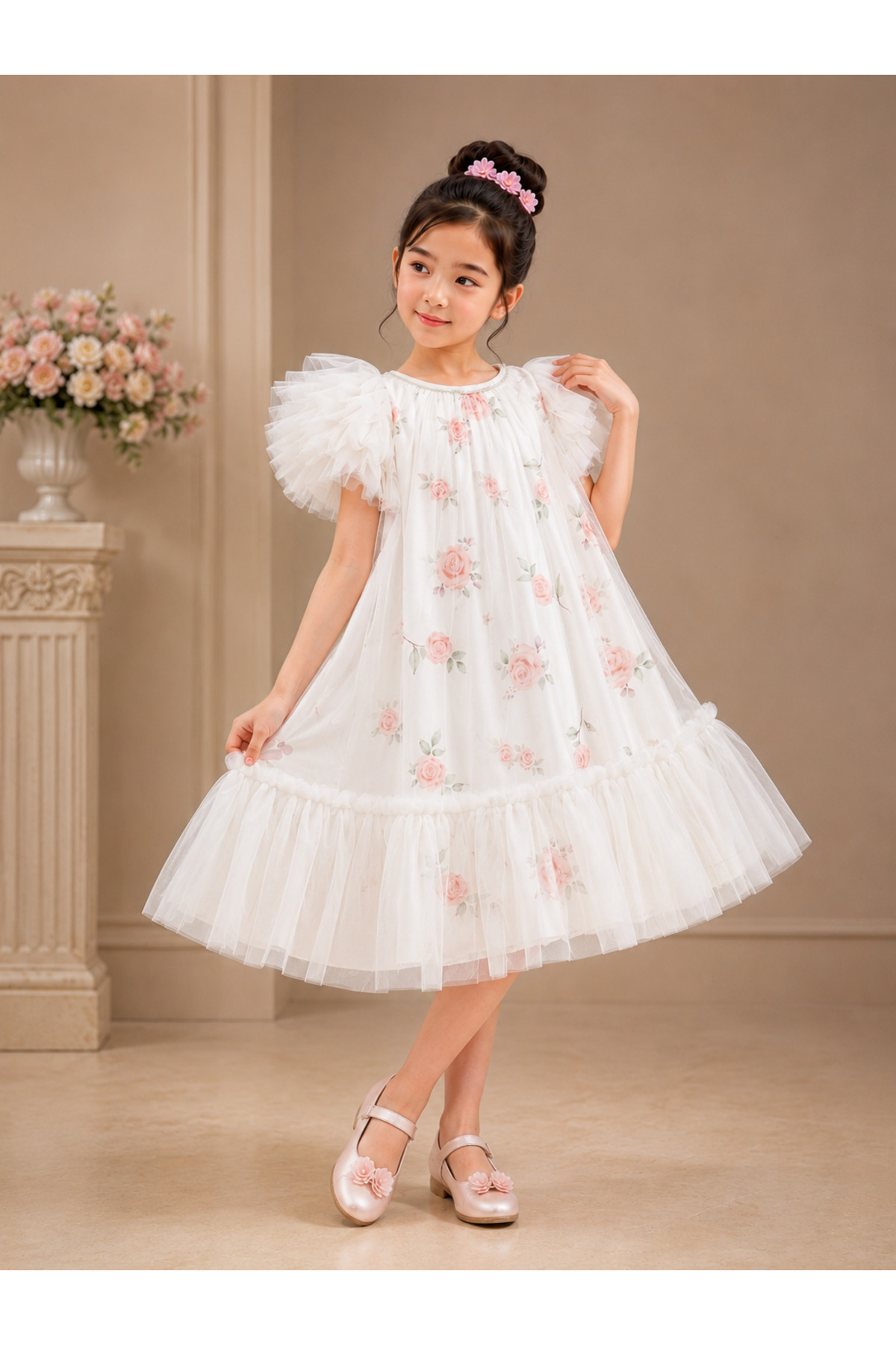Girls Luxury Floral Print Tulle Party Dress with Puffy Sleeves – White & Blush Pink