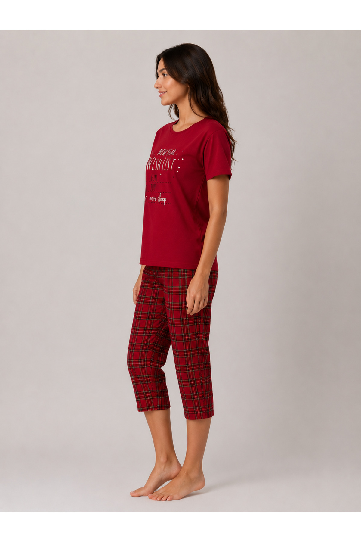 Pijamask Kadın Bordo Ekose Kapri Pijama Takımı Bisiklet Yaka Kısa Kollu Rahat Ev Giyim (P100-887) görsel 2