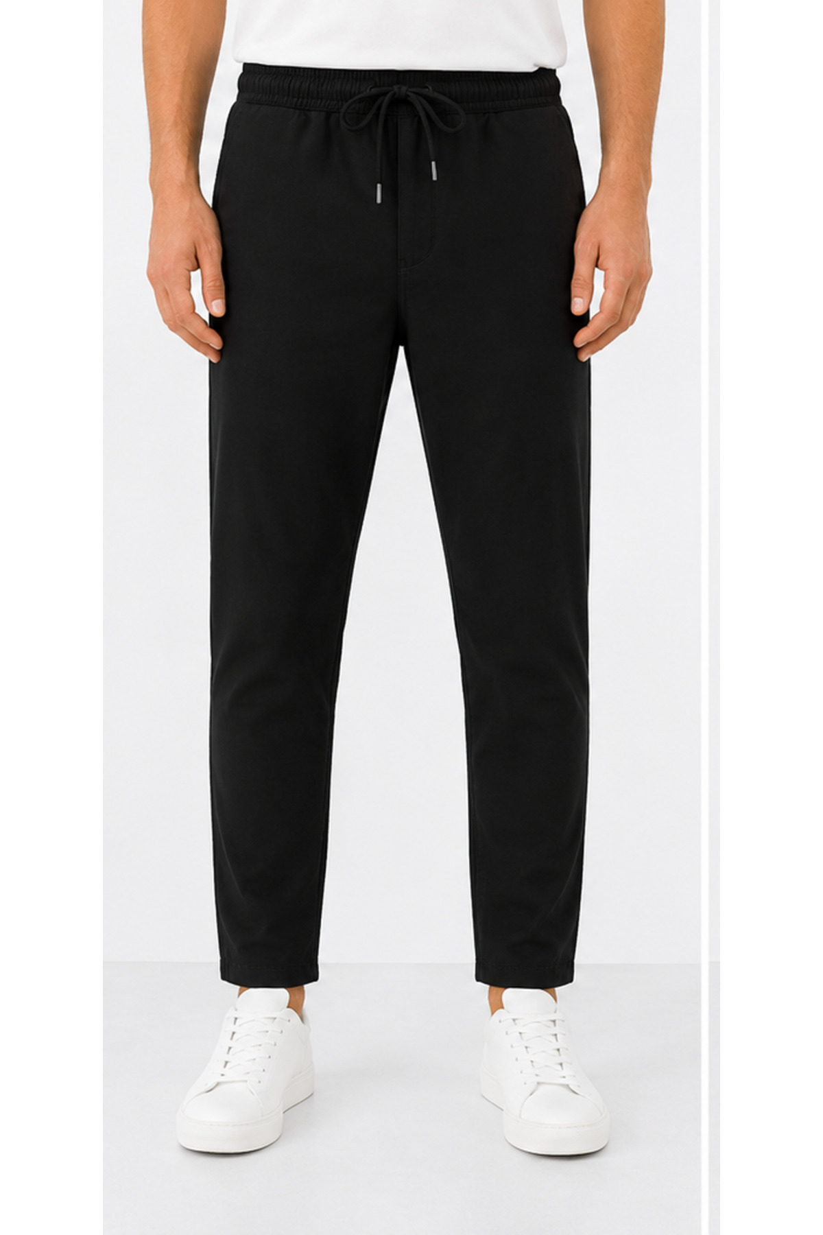 Erkek Düz Paça Gabardin Jogger Siyah Pantolon Belden Lastikli Bağcıklı — مشکی ERKEK PANTOLON