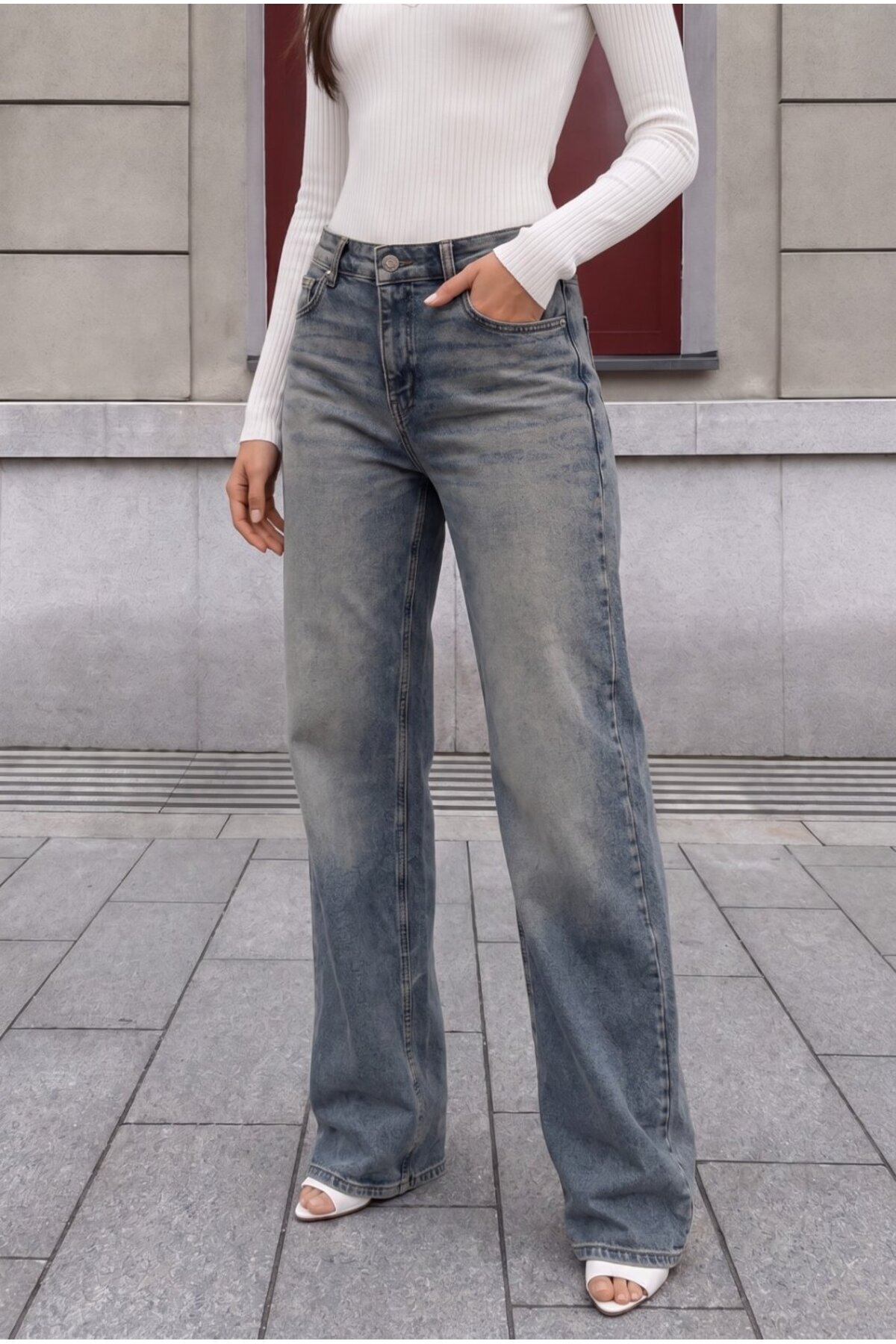 Gök Mavi Soluk Efekt Vintage Yüksek Bel Wide Leg Geniş Paça with Lycra Jeans 3