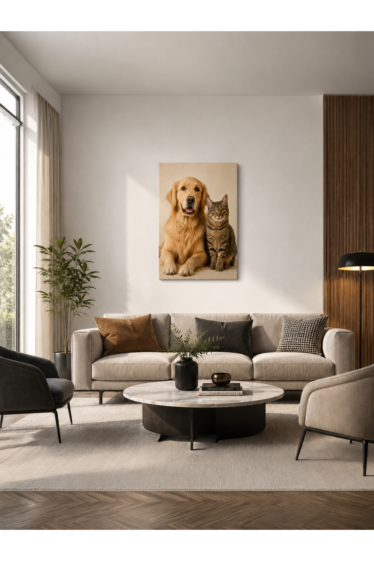 MDF Tablo Golden Retriever Köpek ve Tekir Kedi – Sevimli Evcil Hayvan Temalı Ev ve Ofis Duvar Dekorasyonu
