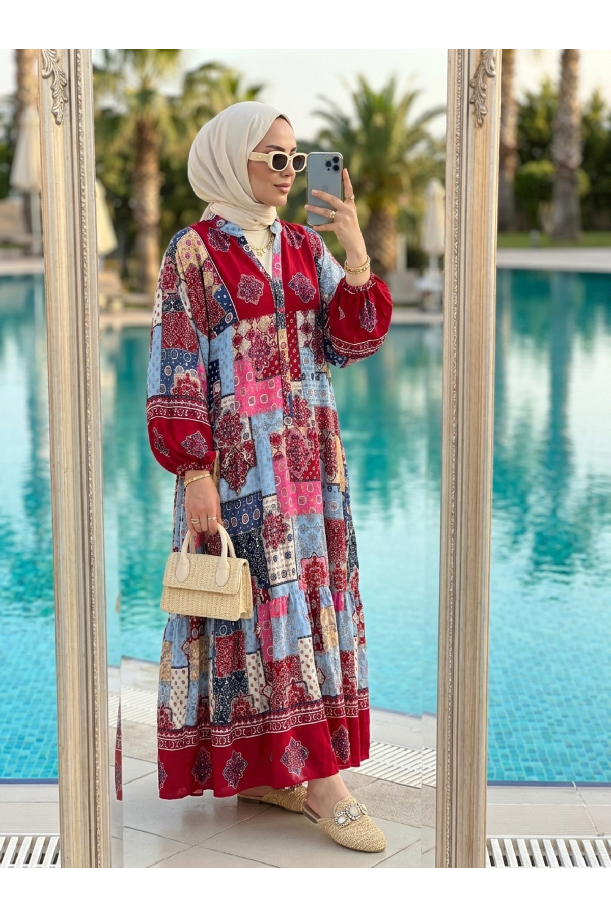 Kirazca Butik Women's Ethnic Patchwork Patterned Long Hijab Dress – Viscose