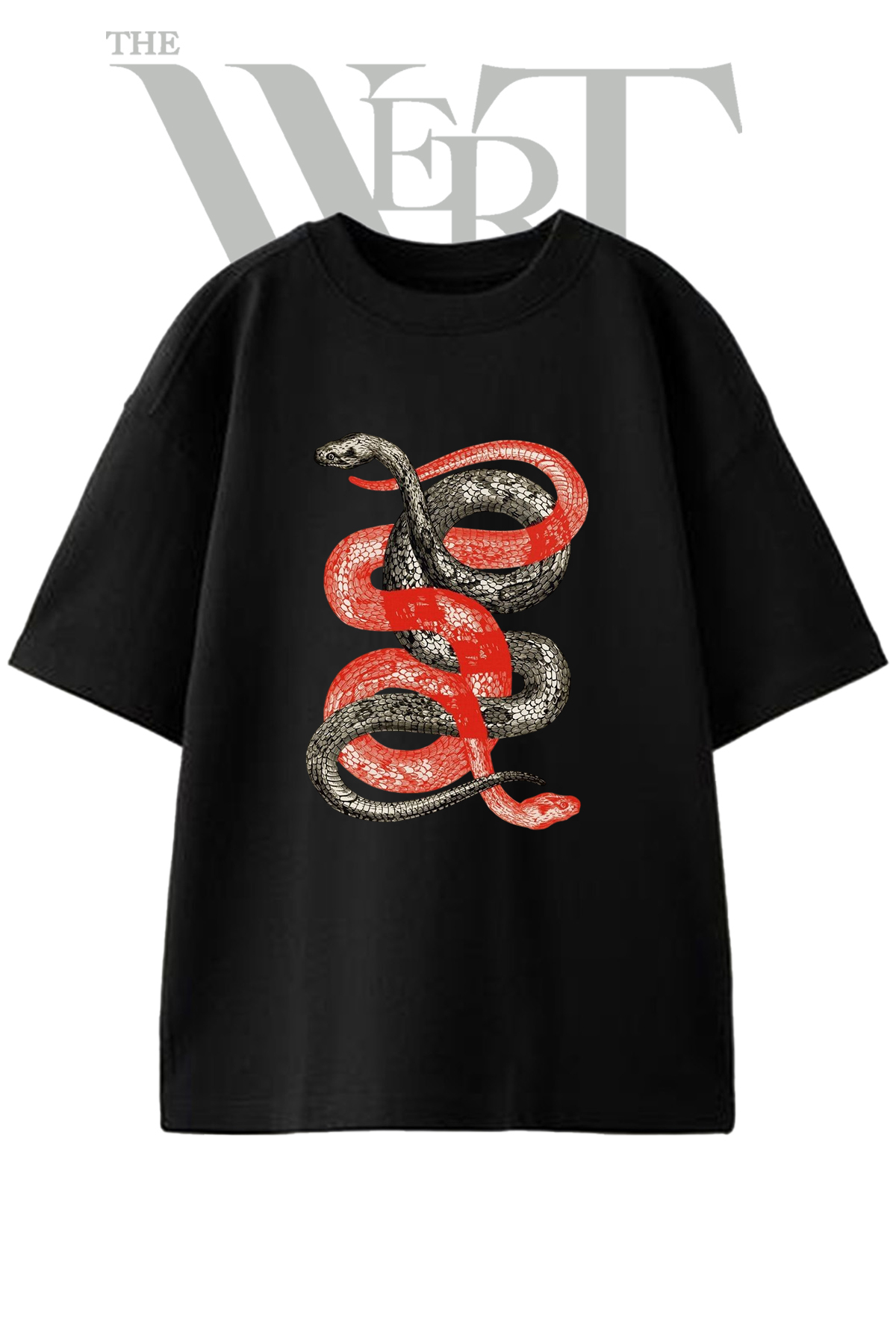 THEWERT Red Black Snakes Design Printed Unisex Black Oversize T-Shirt