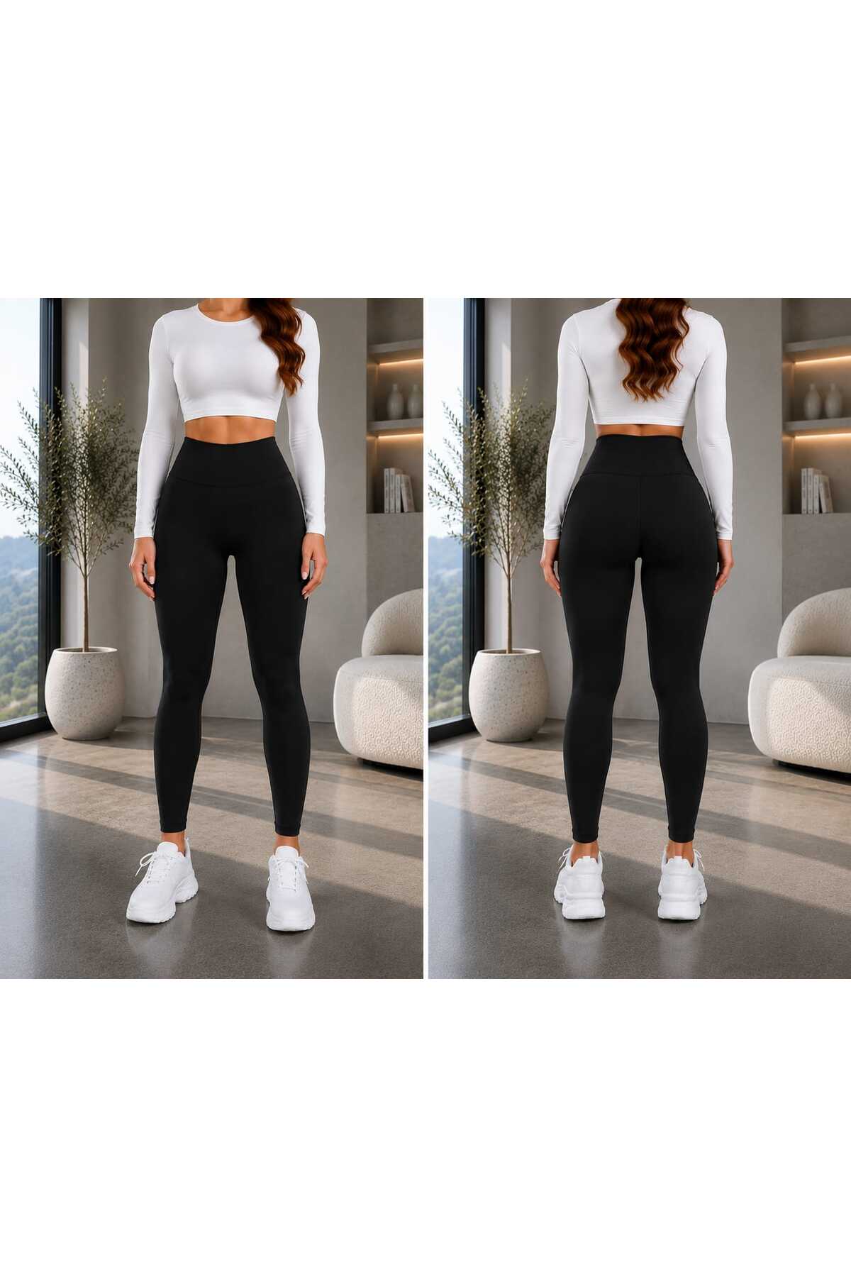 BEHLIVE Parlak Yüksek Bel Toparlayıcı Ve Kalça Şekilendirıci Günlük Spor Tayt görsel 2