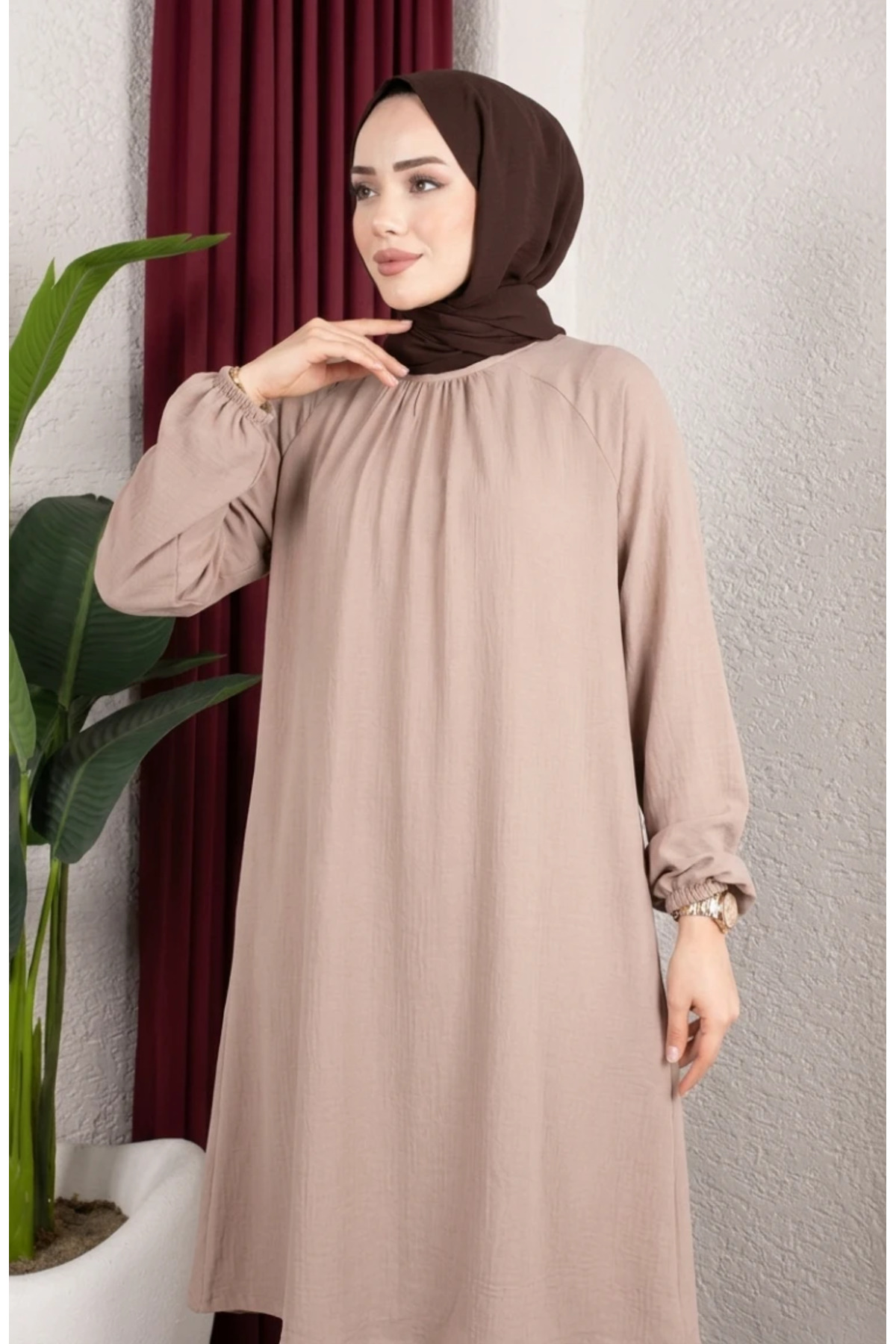 sefamerve Bürümcük Kumaş Reglan Kol Uzun Tunik 0902-06 Bej görsel 3