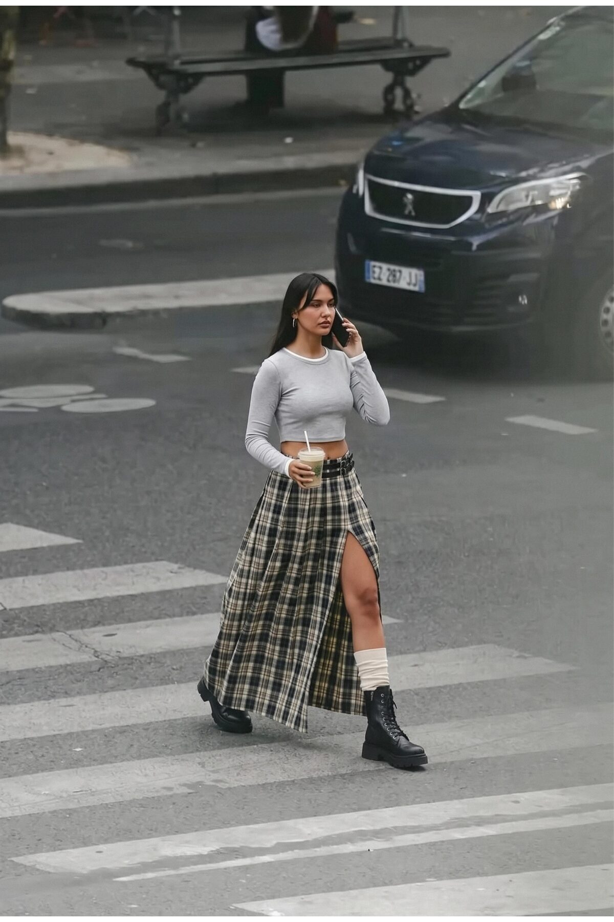 it's basic Kadın Sarı Gri Ekose w6-34 Maxi Boy Kemer Detaylı Özel Tasarım Etek
