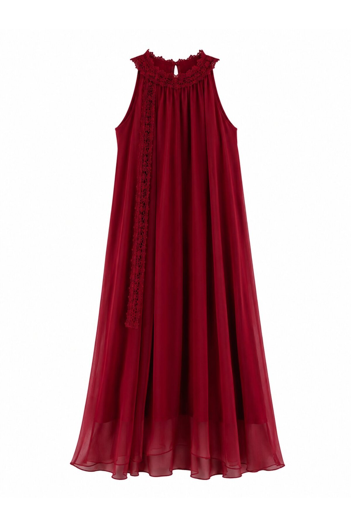 Laluvia Red Collared Lace Long Dress - 3438