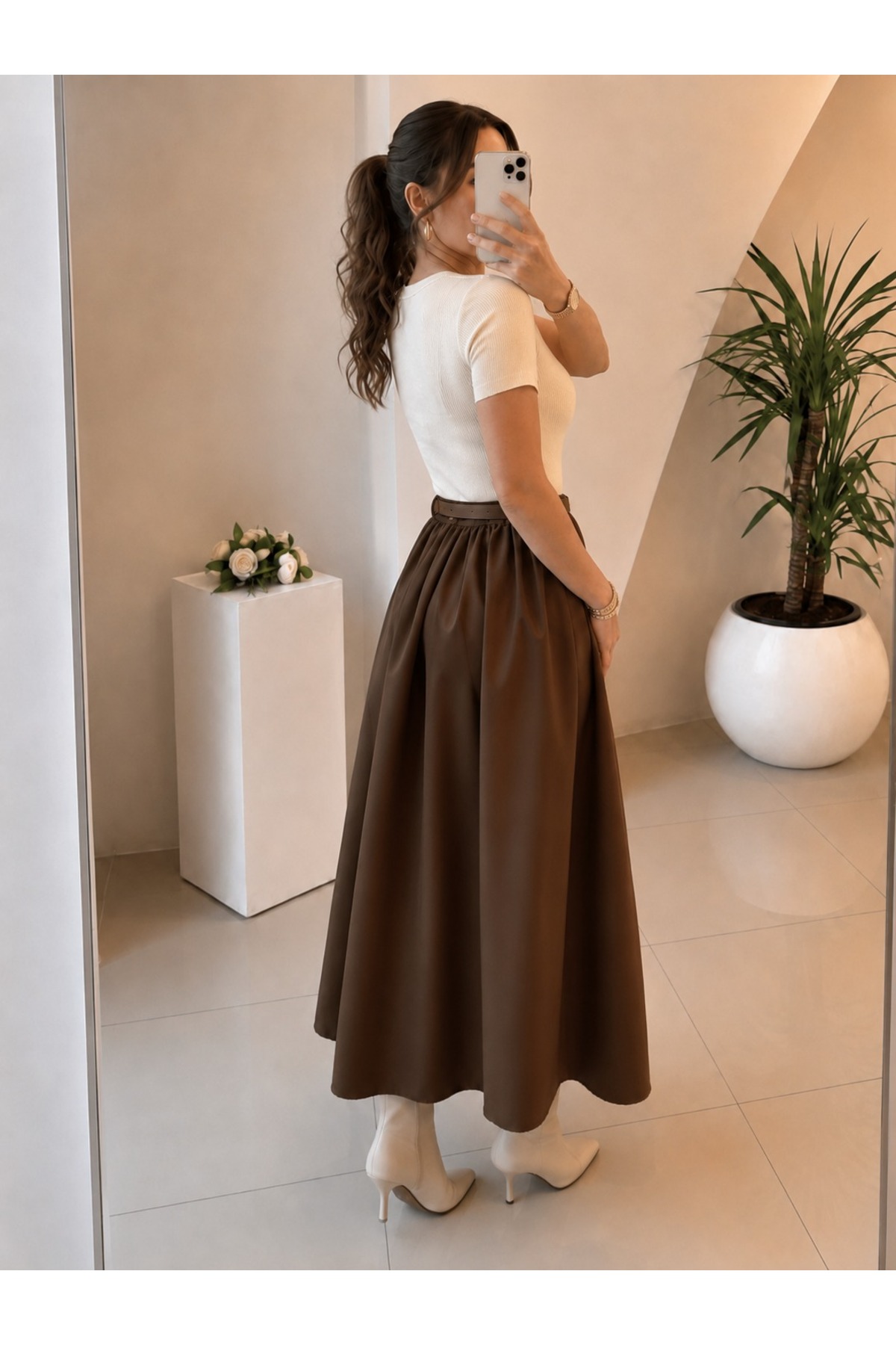 unika boutique Kadın Kemerli Poplin Midi Elbise görsel 3