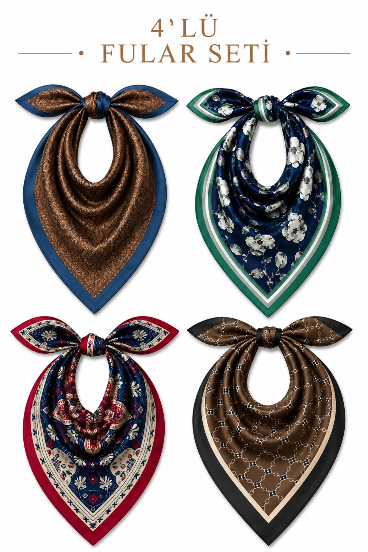 Mavi Masal 4 Lü Kadın Fular Set Renkli Fular Şal ve Bandana