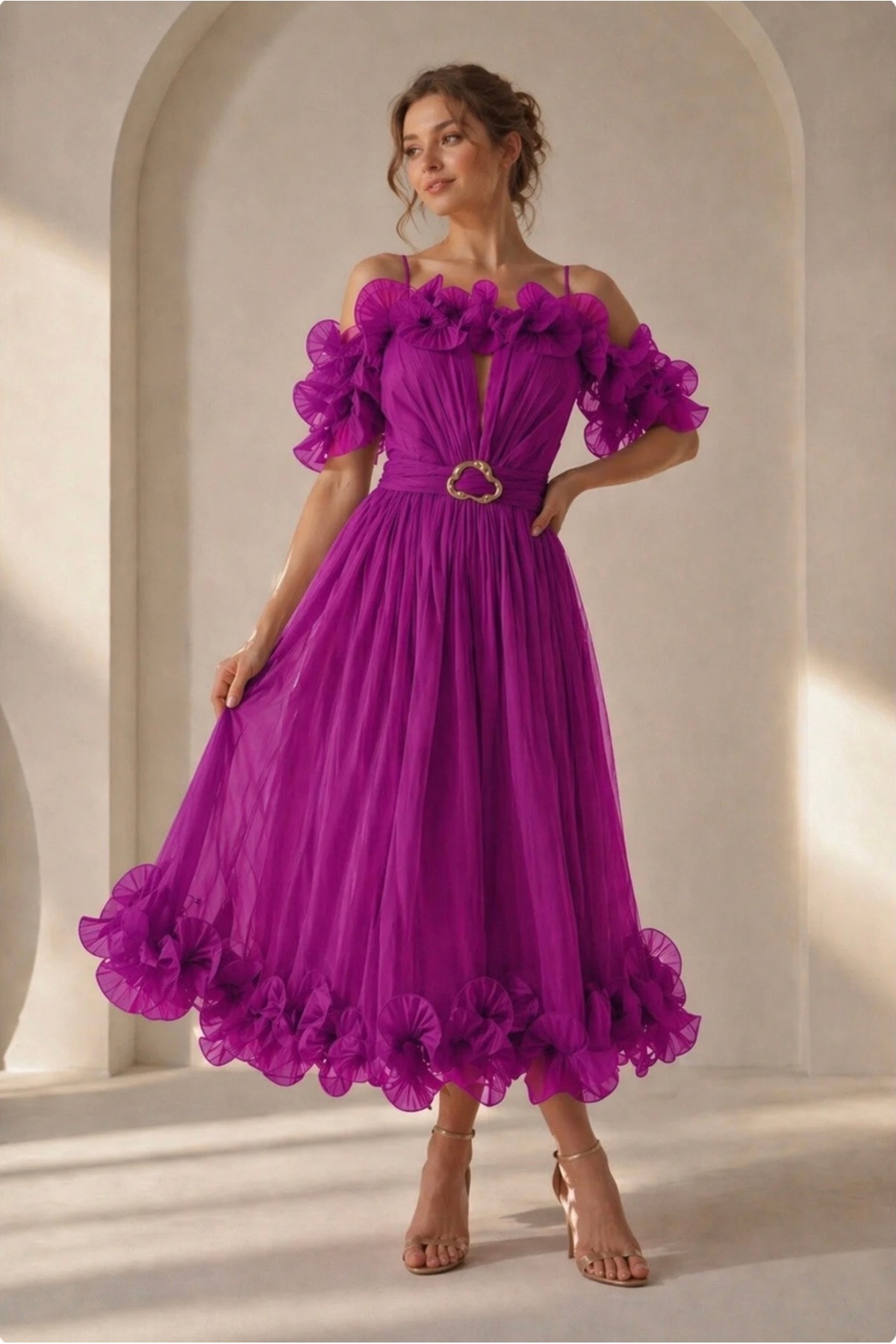 Divin store fuchsia midi dress in satin veil with ruffles at the bust