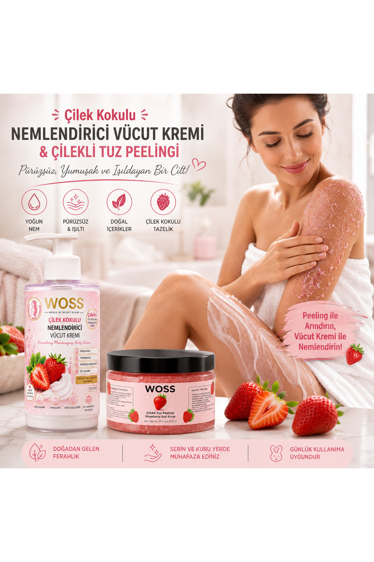 ÇİLEK KOKULU VÜCUT BAKIM SETİ 300 GR + 100 ML — WÇH1010 — تصویر 2 از 2