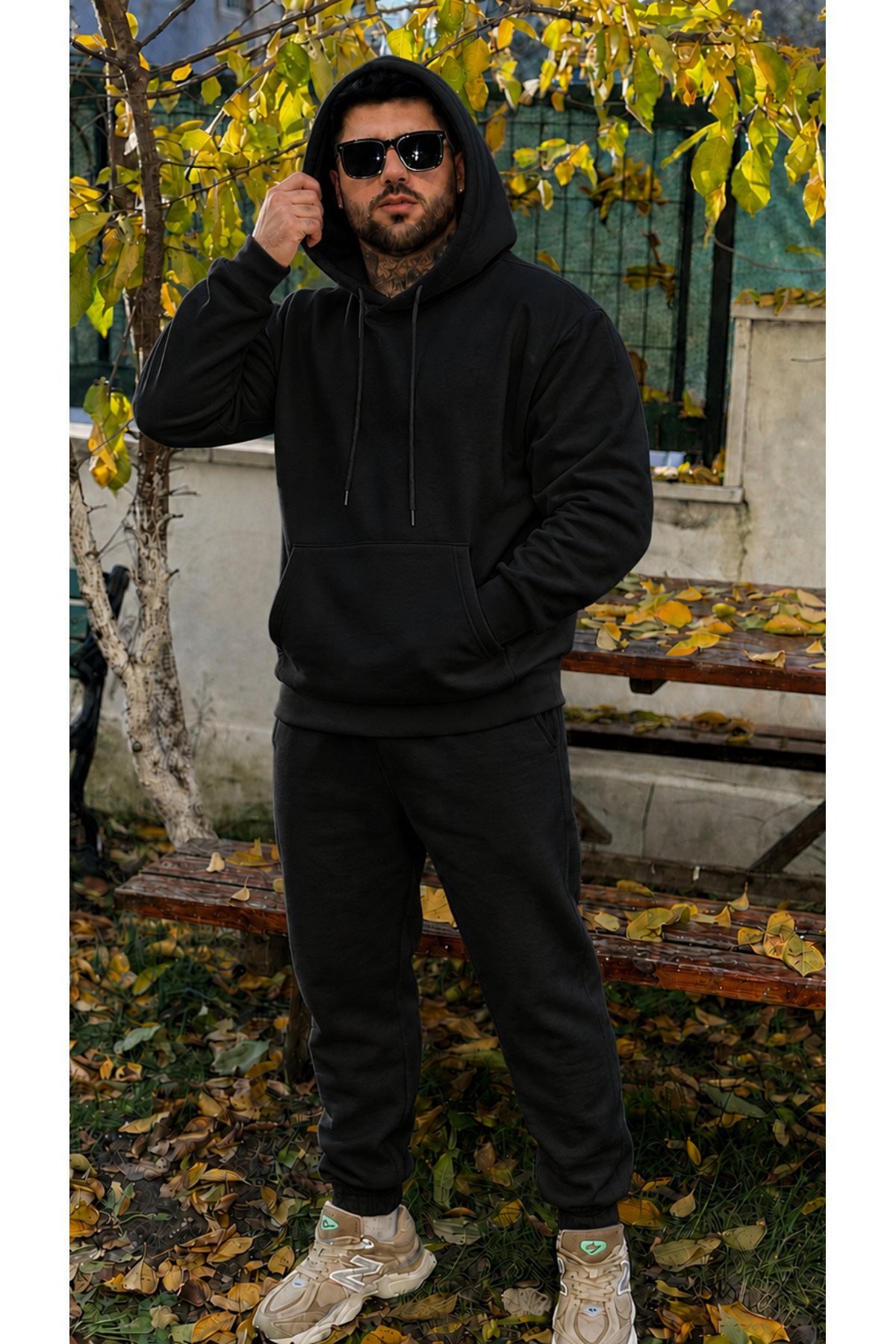 ست گرمکن هودی گشاد سه نخ برس خورده کلاه دار مردانه — مشکی Mstf6027-1 — تصویر 4 از 4