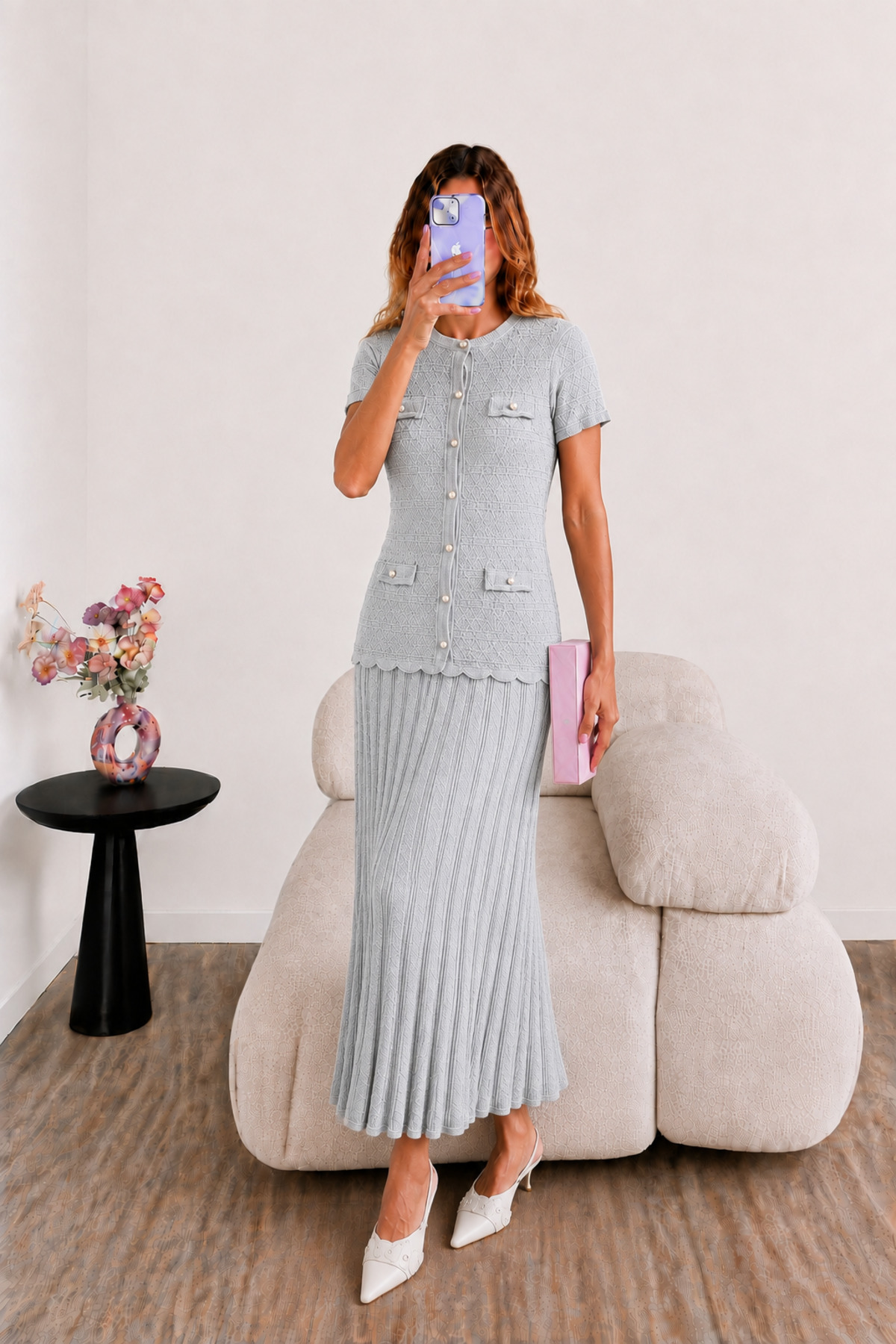 Ekim Store Shimmering Pocketed Pleated Short Sleeve Maxi Dress