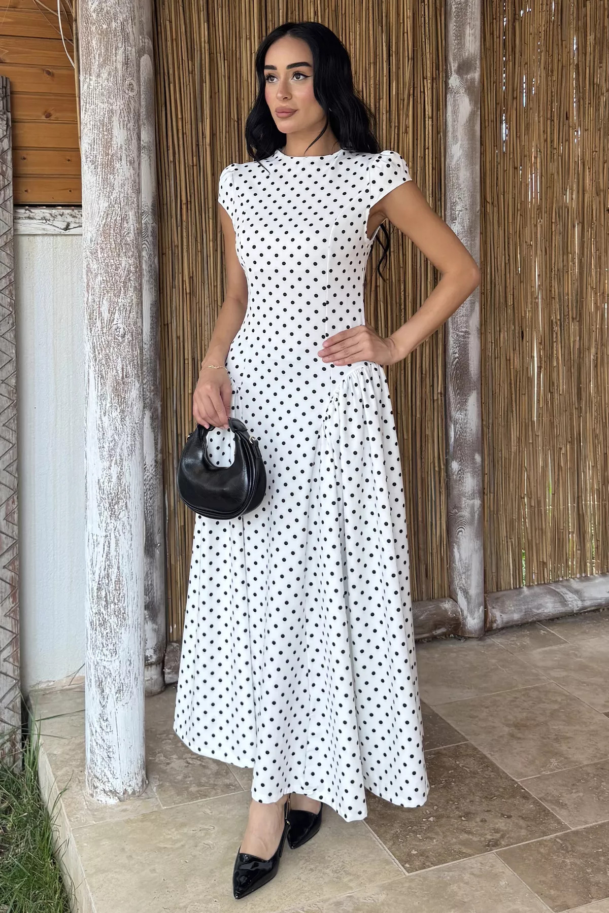 Aryena White Women's Crew Neck Polka Dot Dress