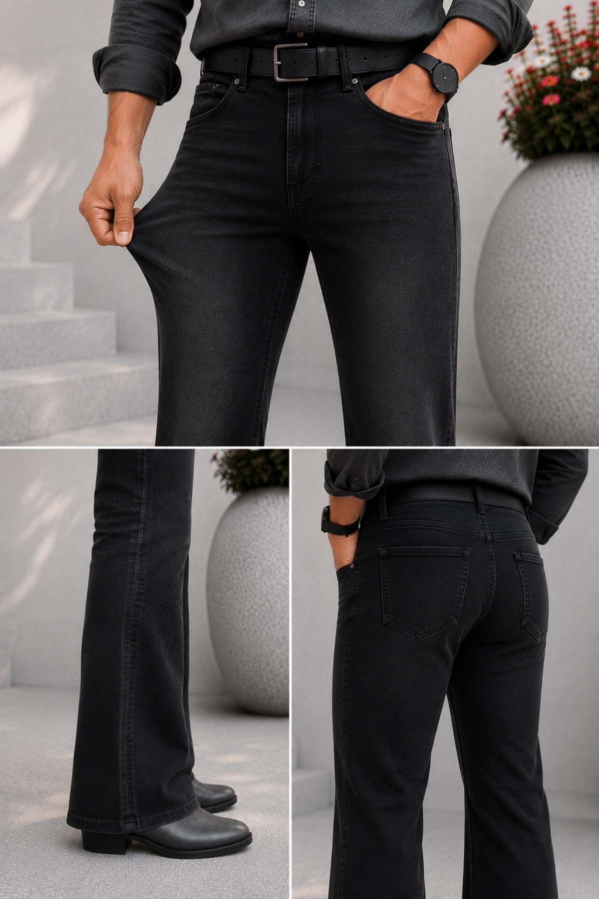 CEDY DENIM Premium Seri: Erkek Retro Flare Bootcut Jean - Geniş Paça Taşlanmış Denim Pantolon C370-Siyah görsel 8