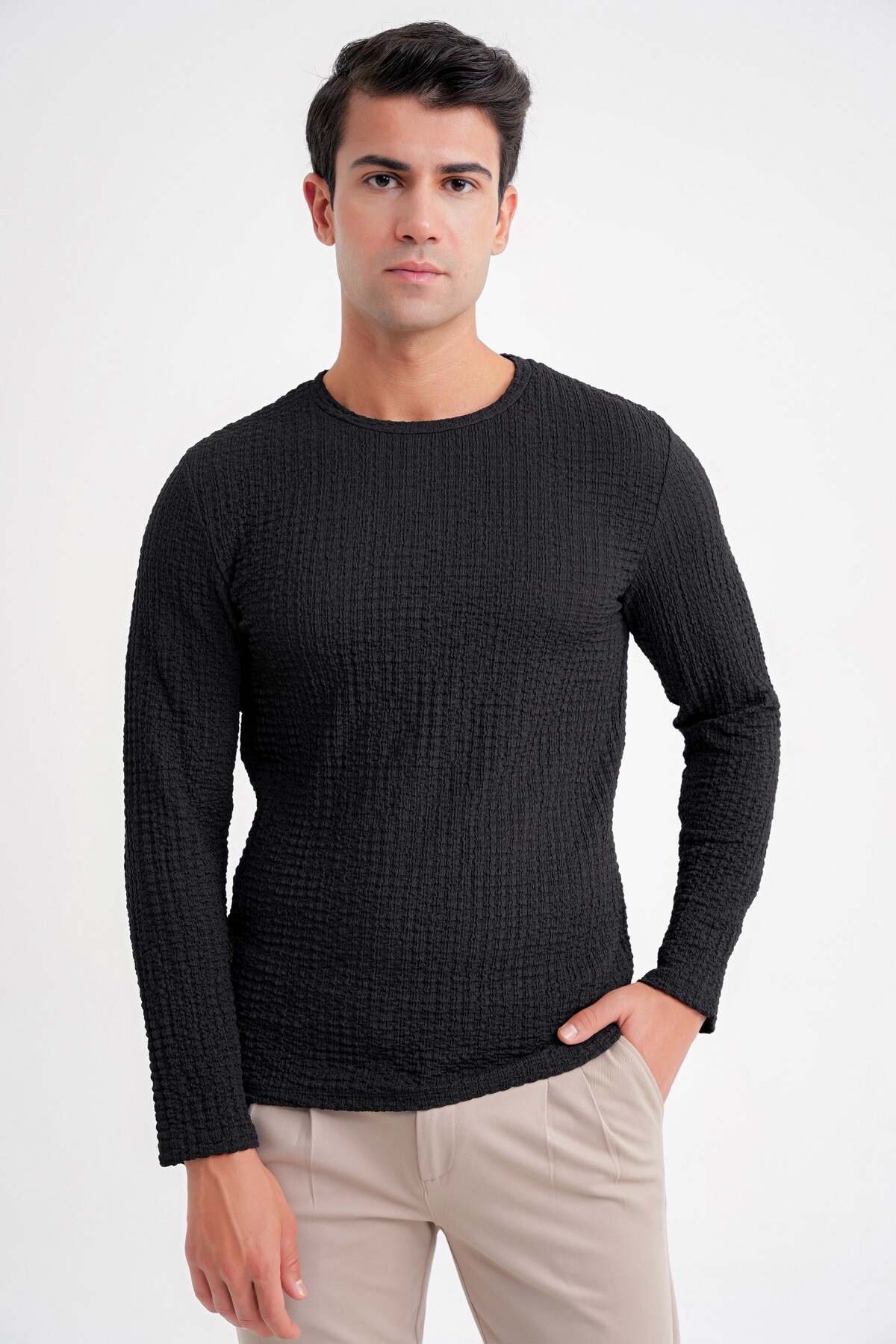 Efor Slim Fit Stretchy Cotton Textured Fabric Long Sleeve Black T-Shirt Ts 934