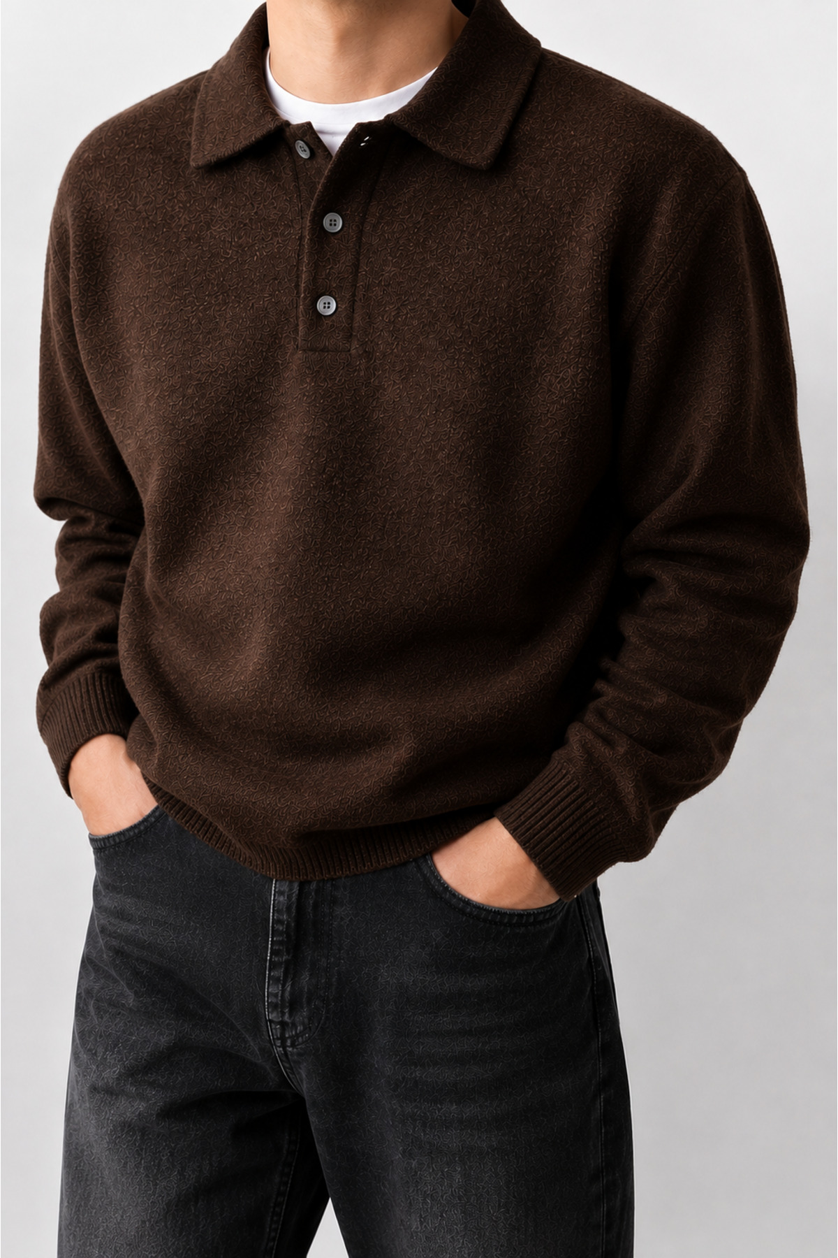 SERABLANKA Erkek Polo Yaka Oversize Triko Kazak, Rahat Kalıp görsel 2