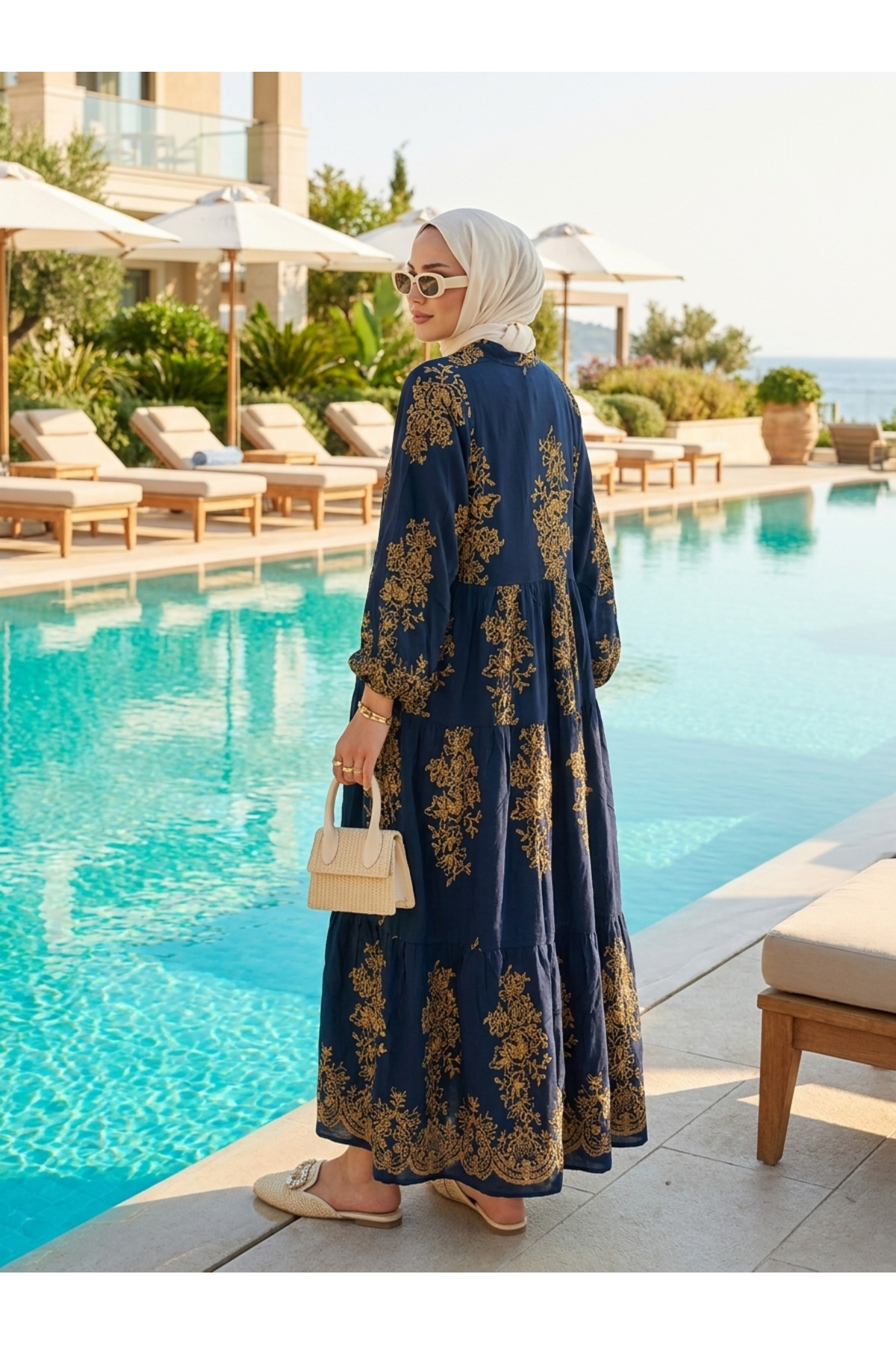 Kirazca Butik Women's Ethnic Embroidery Patterned Saks Blue Viscose Dress