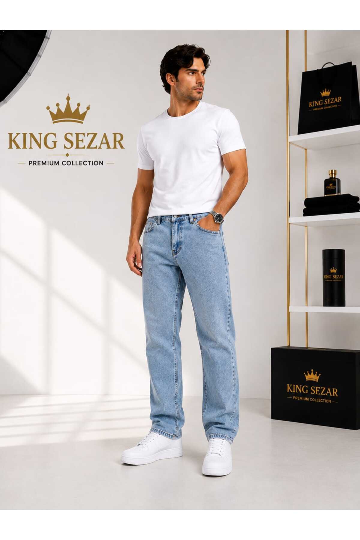 KING SEZAR Erkek Regular Fit Boru Paça Denim Jeans Kot Pantolon Erkek Kot Pantolon