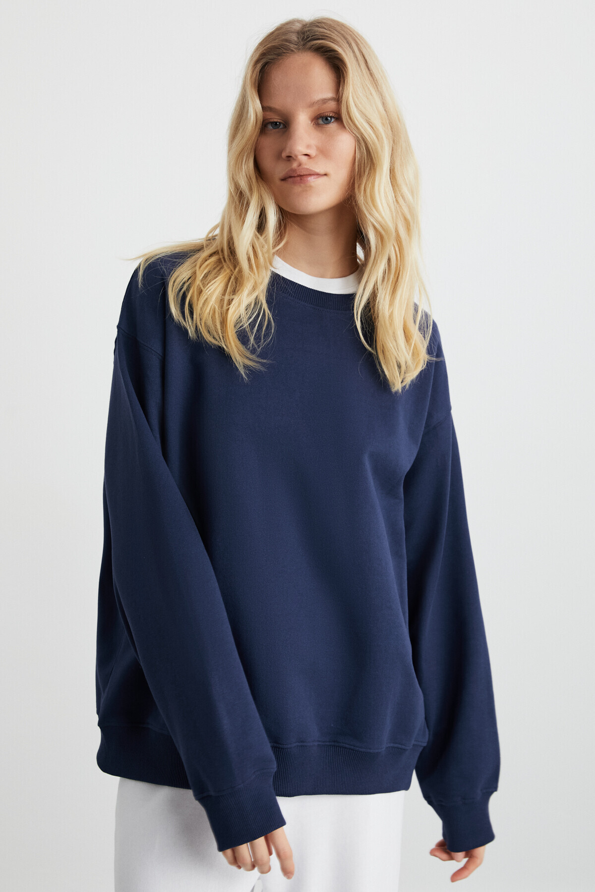ETHIQUET KARIUS Kadın Organik Pamuklu İçi Polarlı Oversize Yuvarlak Yakalı Lacivert Sweatshirt