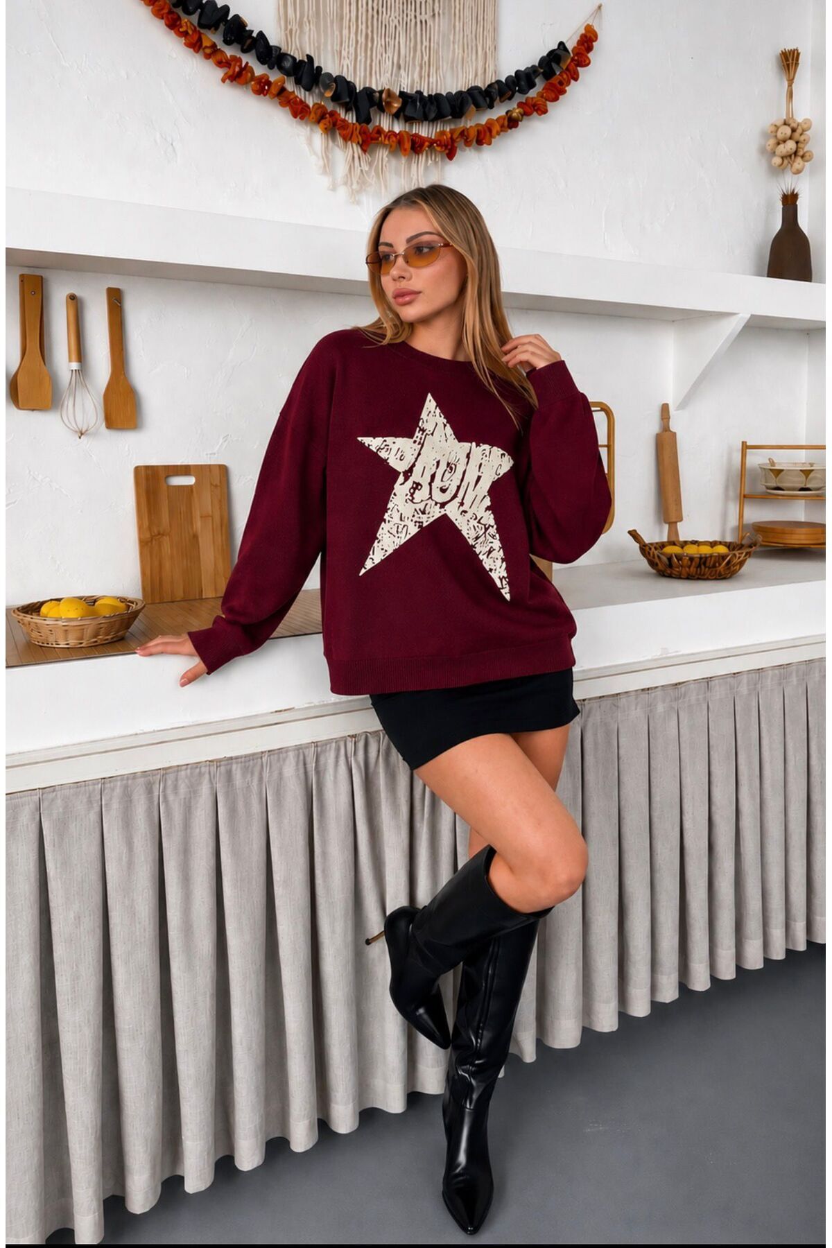 STF MODA Kadın YILDIZ Oversize Triko Bordo Kazak - Yumuşak Dokulu Bisiklet Yaka görsel 3