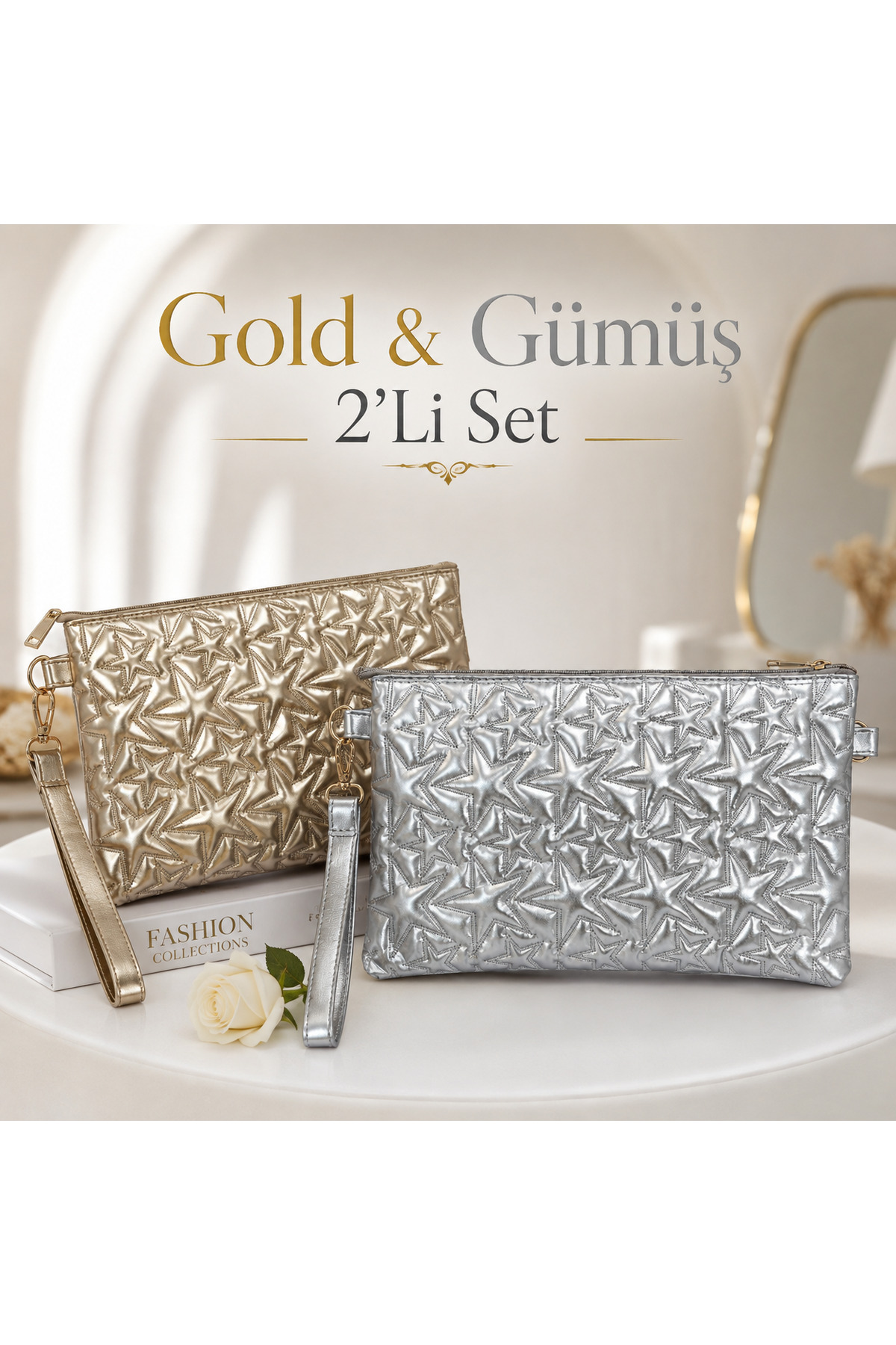 METEBAGS Gold ve Gümüş 2'Li Set Yıldız desenli El & Portföy çantası