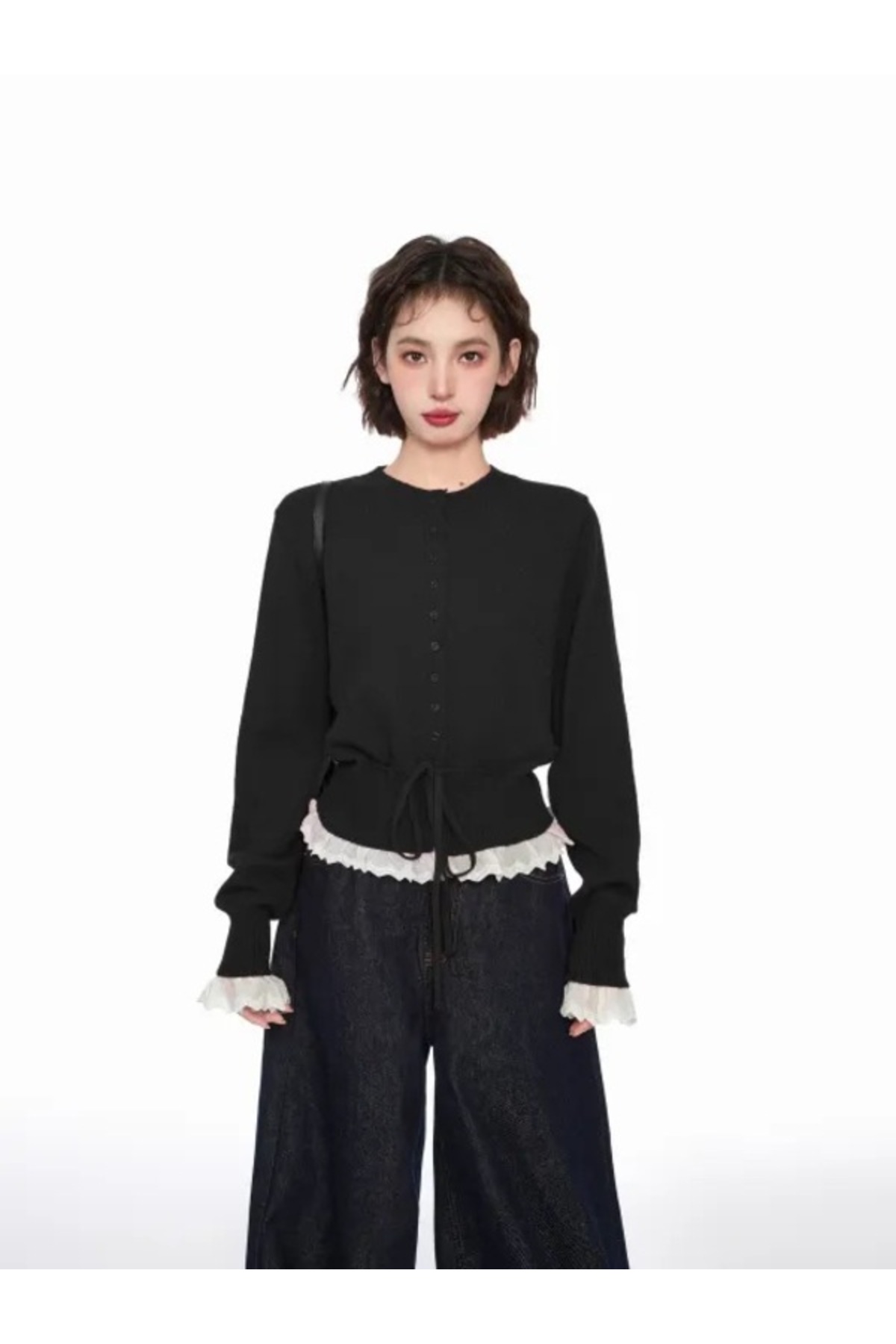 NATUFIAN STORE Kadın Beli Ayarlamalı Kenarları Dantelli Bisiklet Yaka Triko Basic Hırka görsel 3