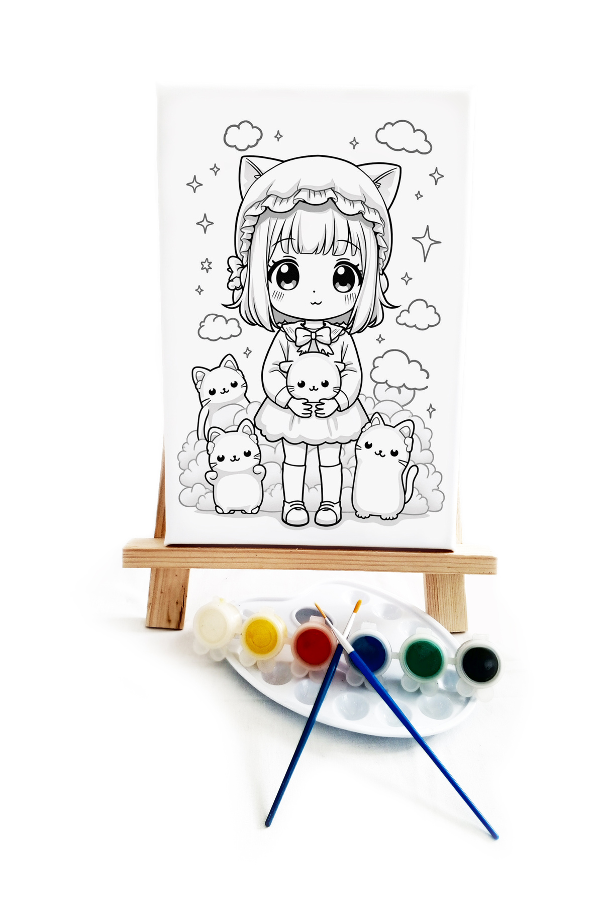 Anime Kız Ressam Seti - 20 x 30 cm Önçizimli Tuval, 2 Adet Fırça, Palet, Boyalar ve Şövale