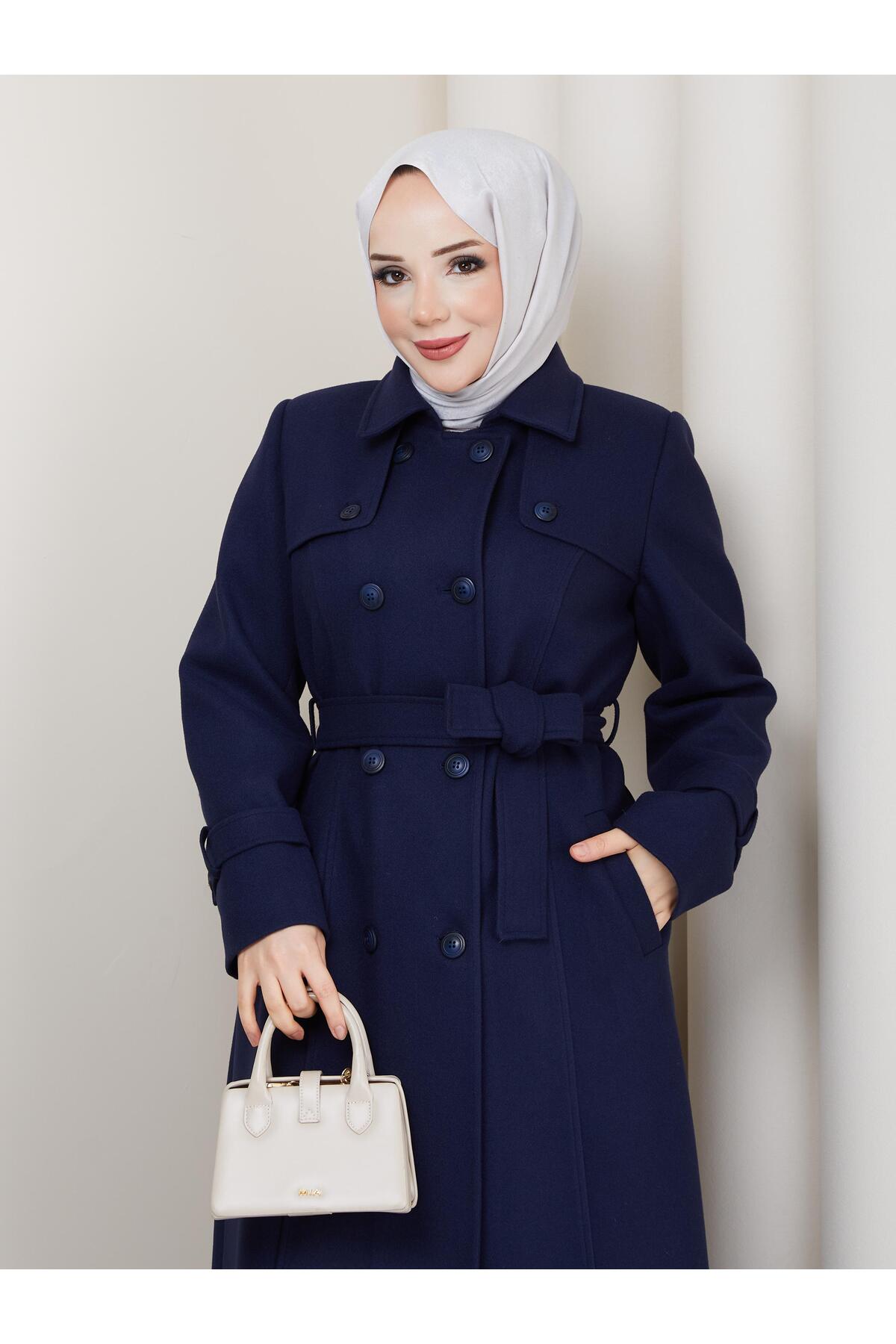 moda asmila Kruvaze Pelerin Detaylı Tam Boy Kaşe Manto görsel 4