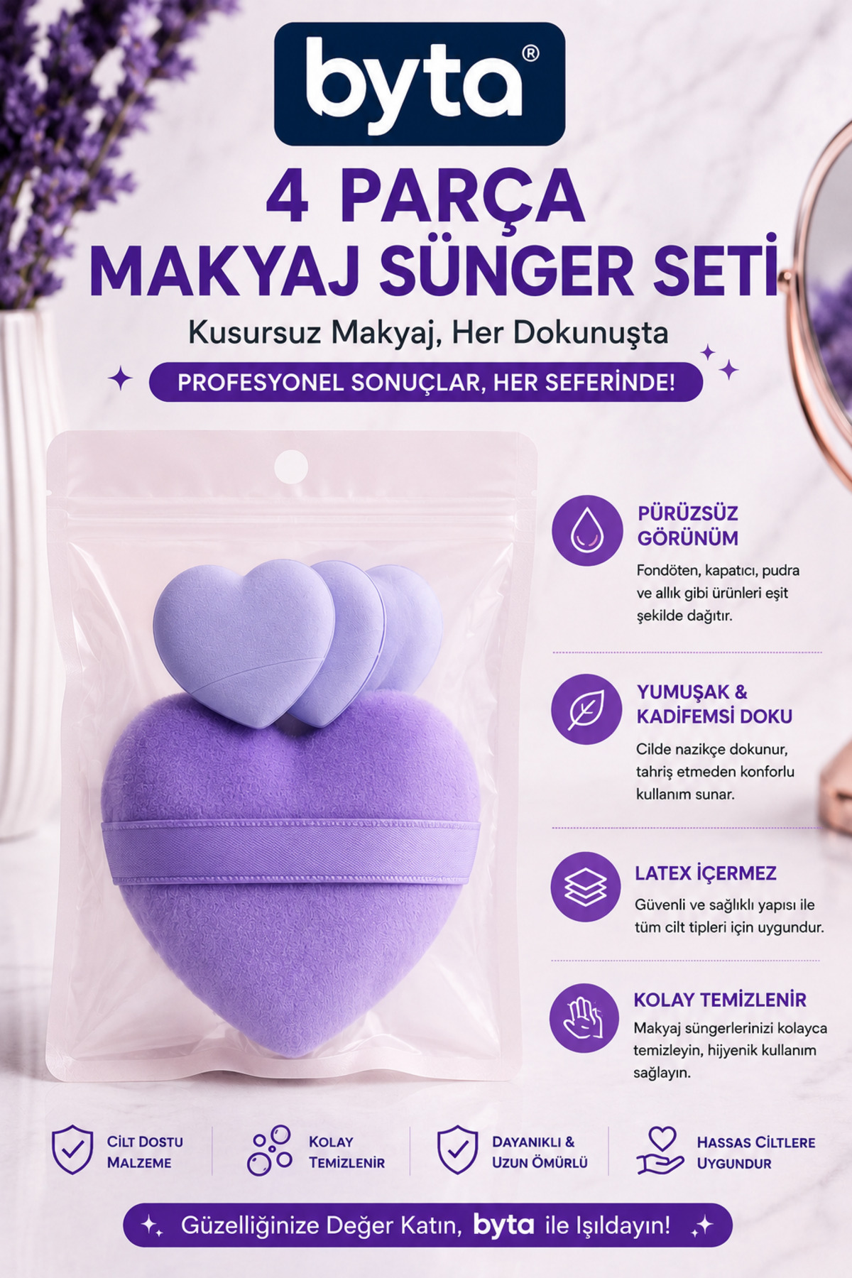 4 Parça Kalp Makyaj Süngeri Seti – Parmak Bantlı Makyaj Uygulama Süngerleri — BYTA-AYK-028