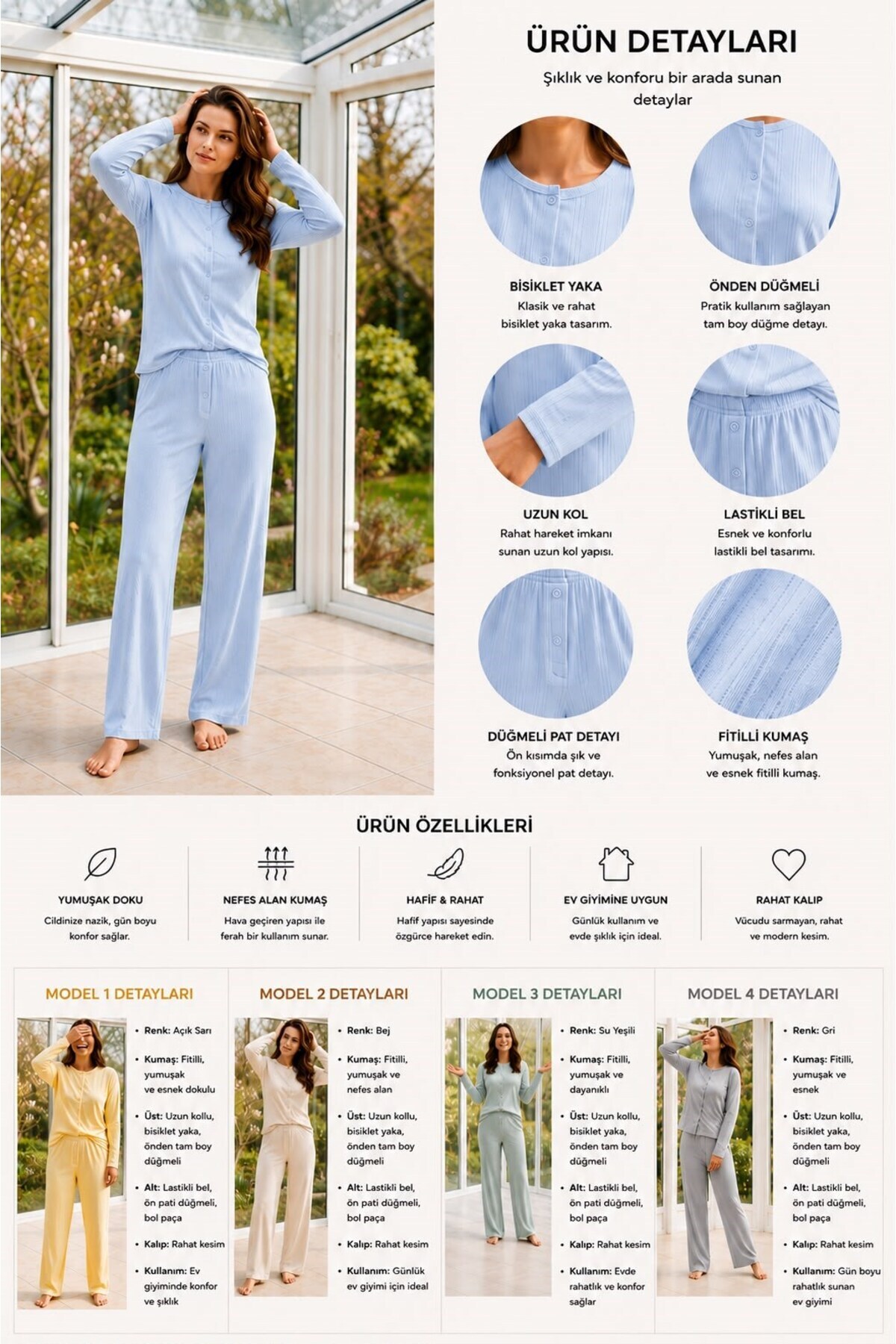 Mia Homewear KADIN BEBE MAVİSİ ÖNDEN DÜĞMELİ UZUN KOLLU İNCE PİJAMA TAKIMI. görsel 2