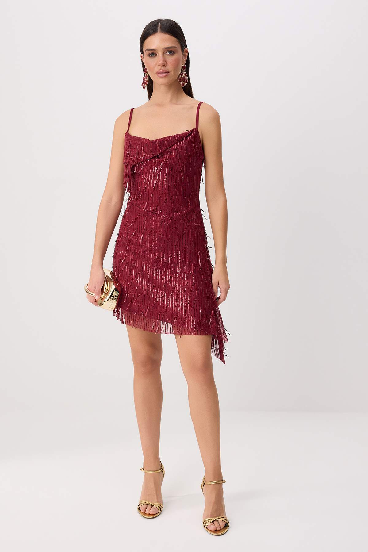 Trendyolmilla Bordo Asimetrik Detaylı Payetli Kısa / Mini Elbise TPRSS26EL00236