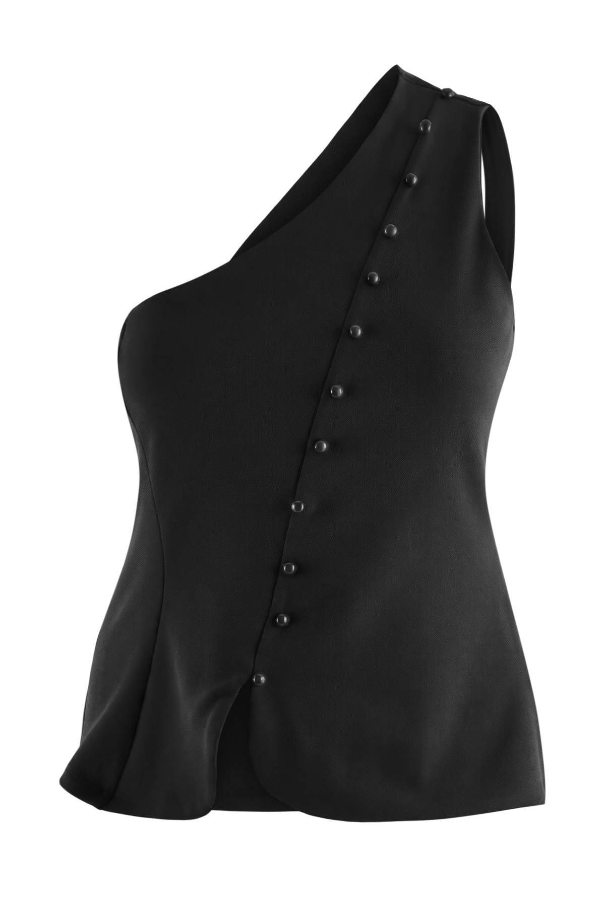 Trendyolmilla Curve Siyah Fitted/Vücuda Oturan Asimetrik Yaka Kolsuz Düğmeli Örme Büyük Beden Bluz TBBSS26AF00180
