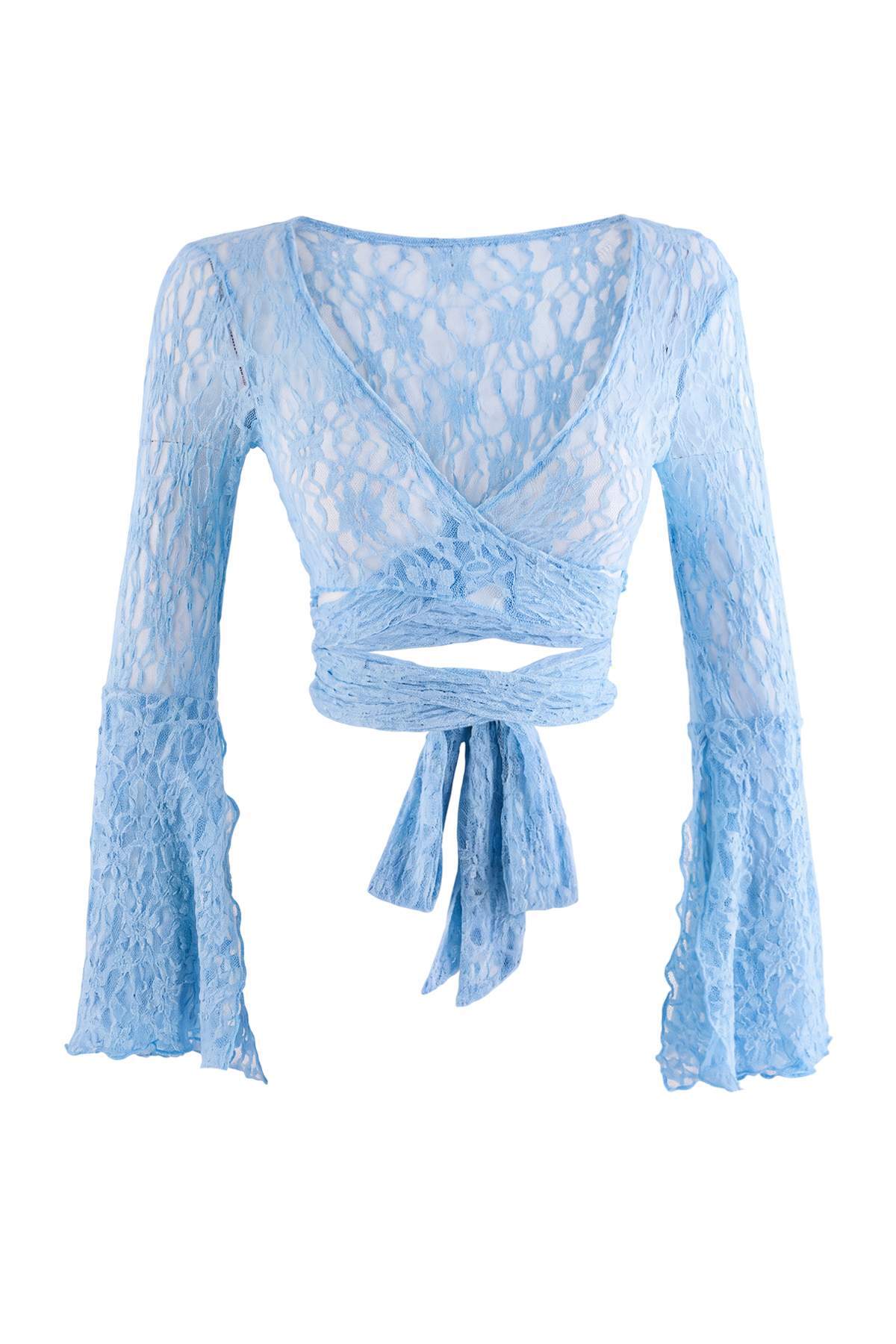 Trendyolmilla Mavi Düz Bolero V Yaka Standart Kol Uzun Bağlama Detaylı Super Crop Tül Örme Bluz TWOSS26BZ01078