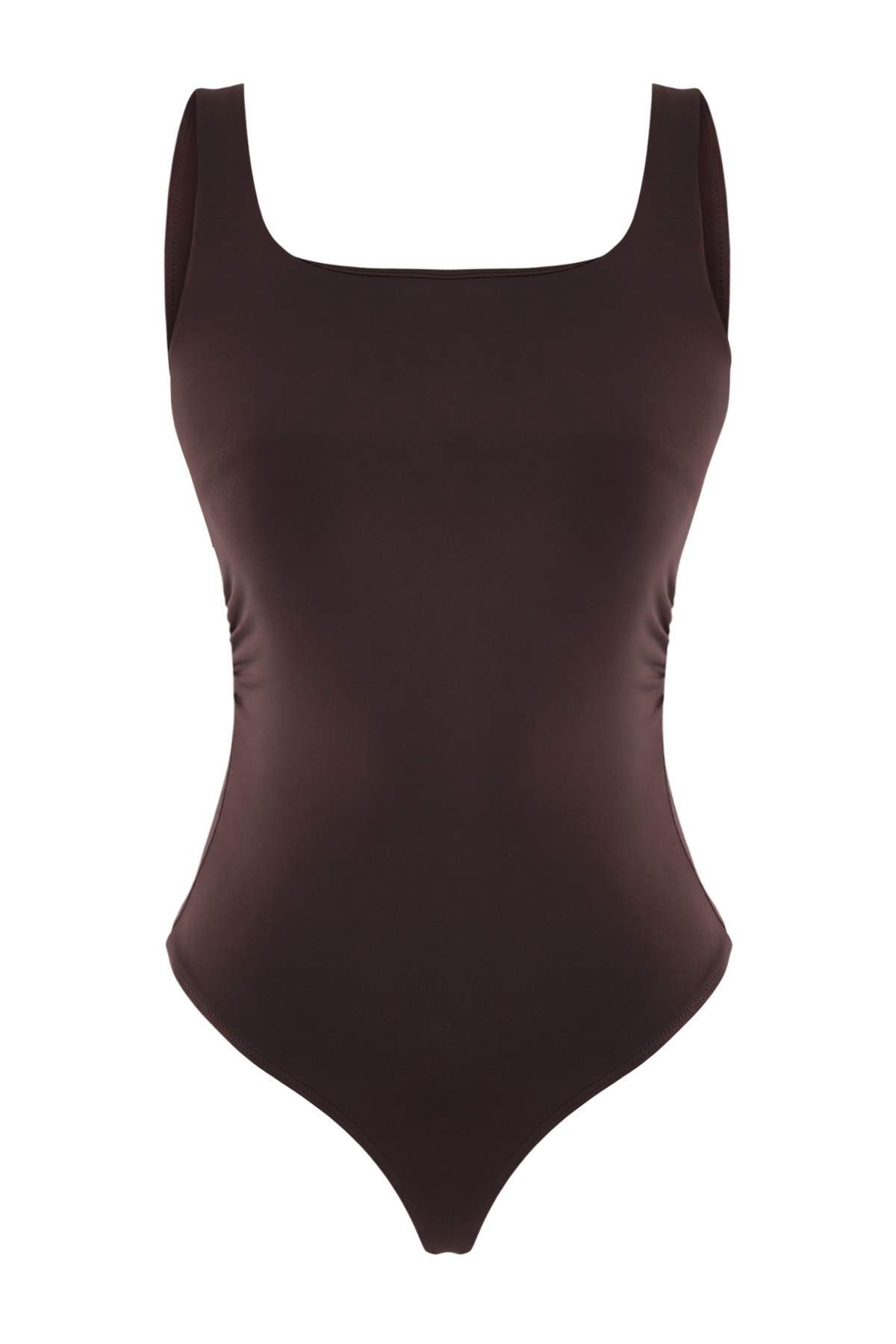 Trendyolmilla Kahverengi Düz Fitted Kare Yaka Kolsuz Büzgülü Çıtçıtlı Poliamid Örme Body TWOSS26BD00023