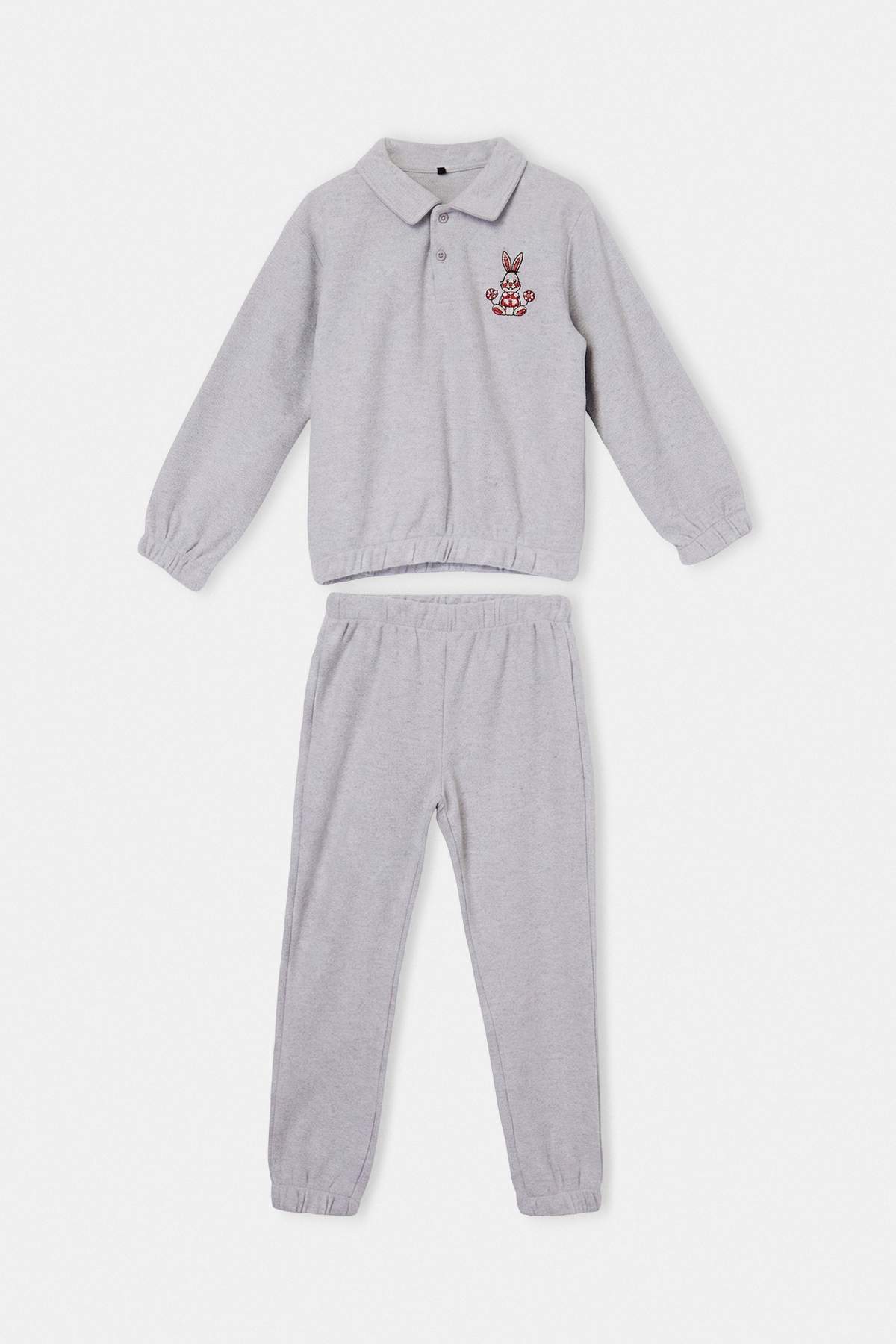 Trendyolmilla Kids Gri Melanj Kız Çocuk Pamuklu Baskılı Polo Yaka Regular Örme Alt - Üst Takım TKDAW26AU00029