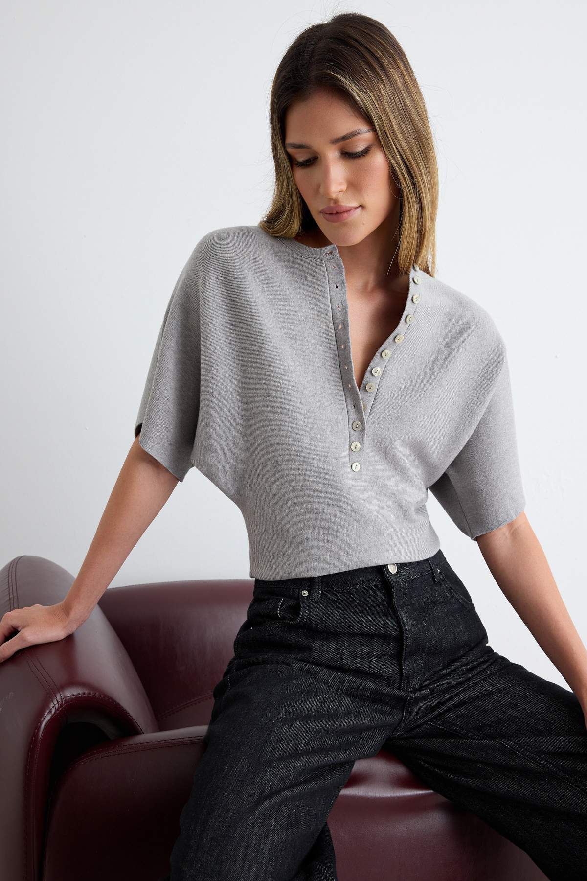 Trendyol Collection Gray Oversize Bluzan Bat Sleeve Knitwear Blouse Twoaw27Bz00005