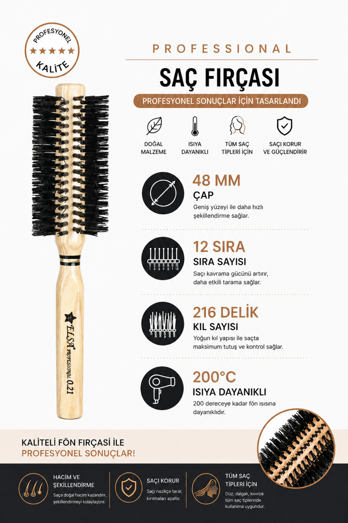 Professional 0.21 Natürel Saç Fırçası 48 mm – Profesyonel Fön Fırçası, Hacim Veren Yuvarlak Saç Fırçası — صورتی — تصویر 3 از 4