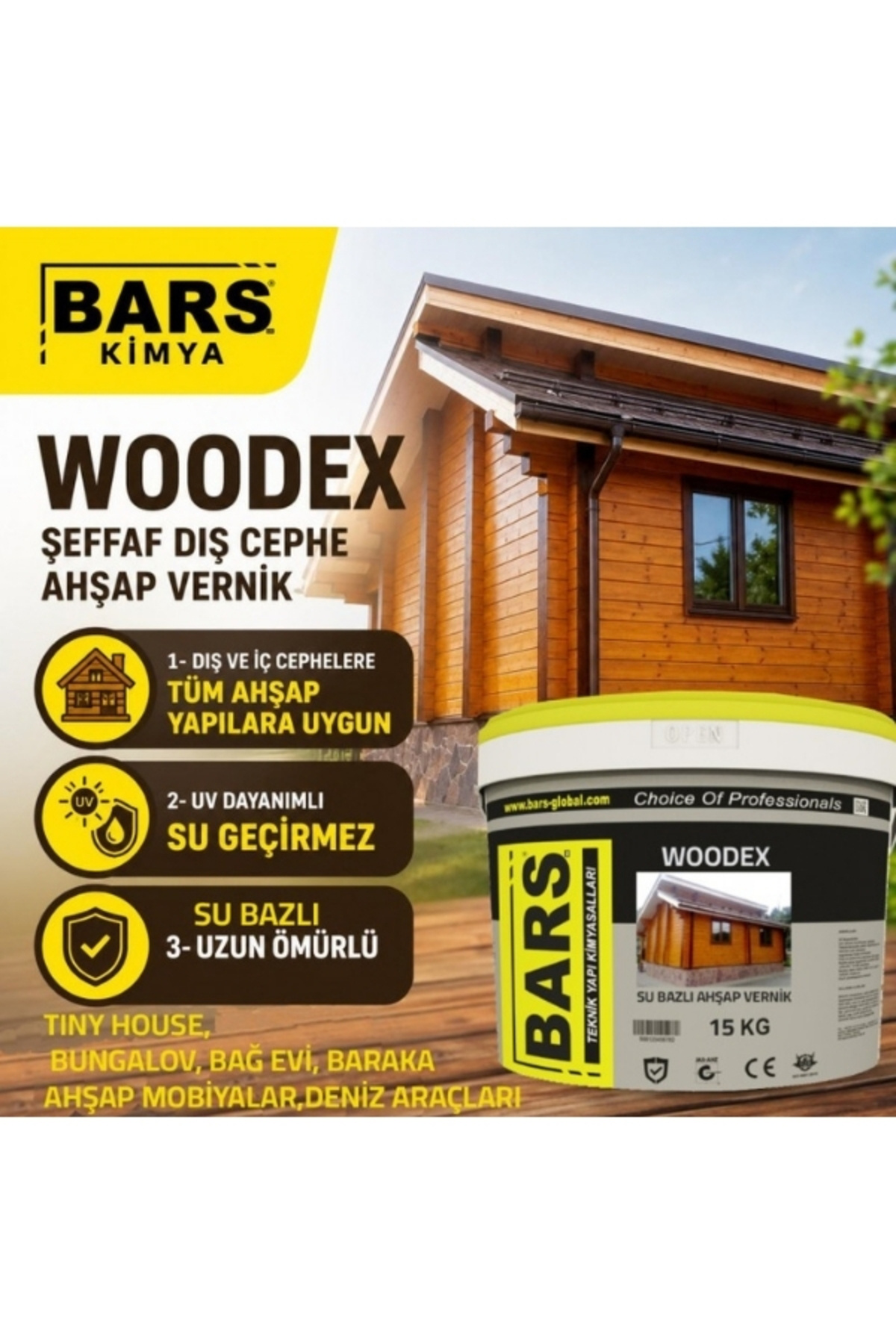 BARS Woodex Su Bazlı Ahşap Vernik İç Dış Cephe UV Korumalı Su