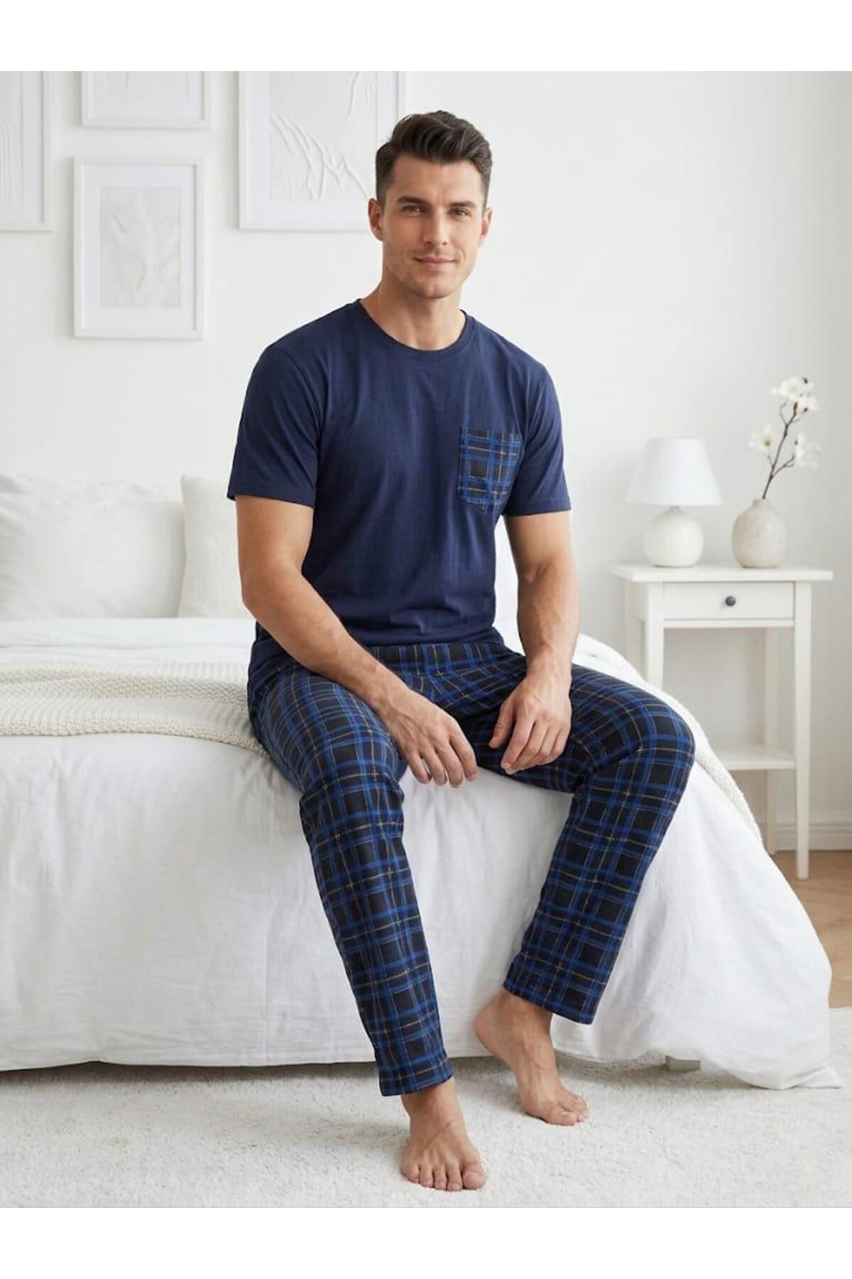 Sude HOMEWEAR Erkek Ekoseli Cepli Kısa Kollu Pijama Takımı