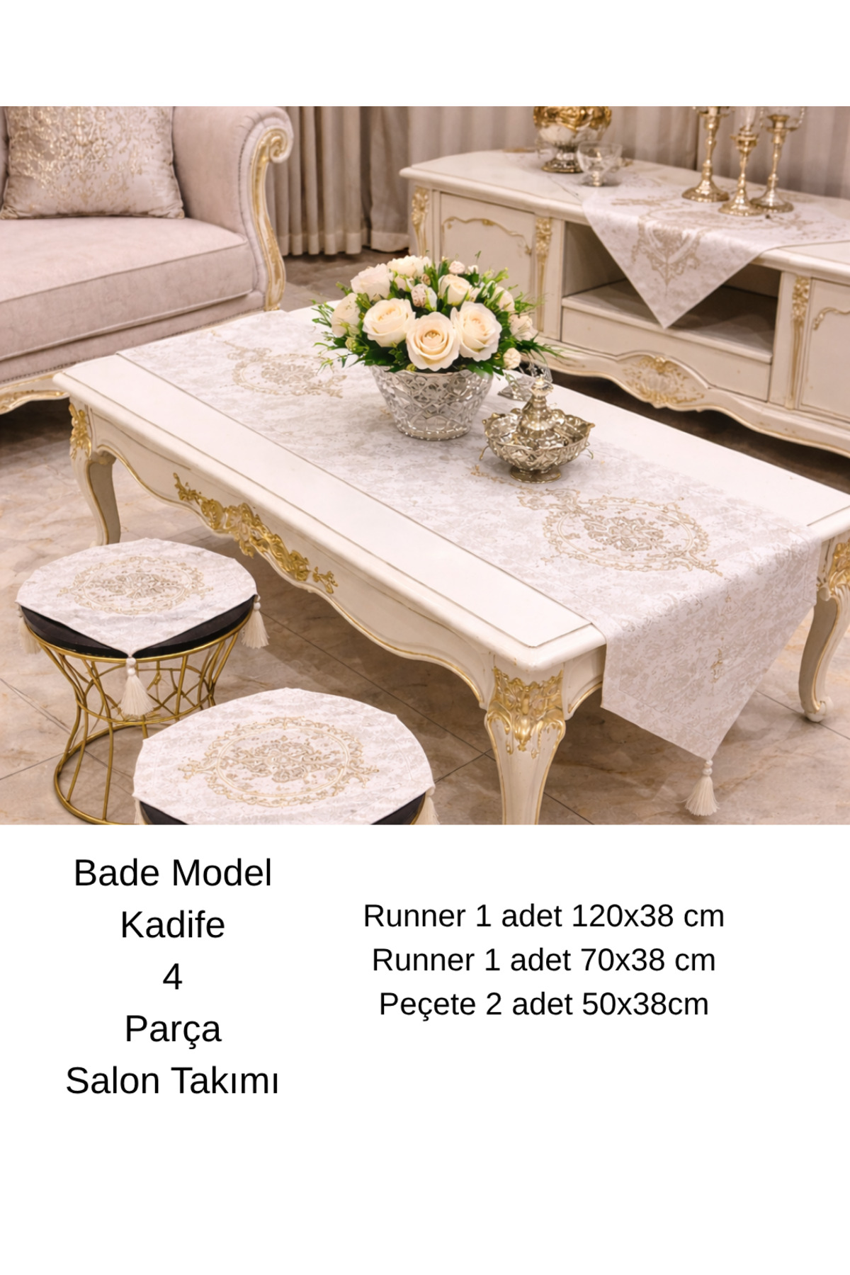 Living Room Set 4-Piece Table Top Runner Set Bade Model Dowry Velvet Fabric Stylish Design