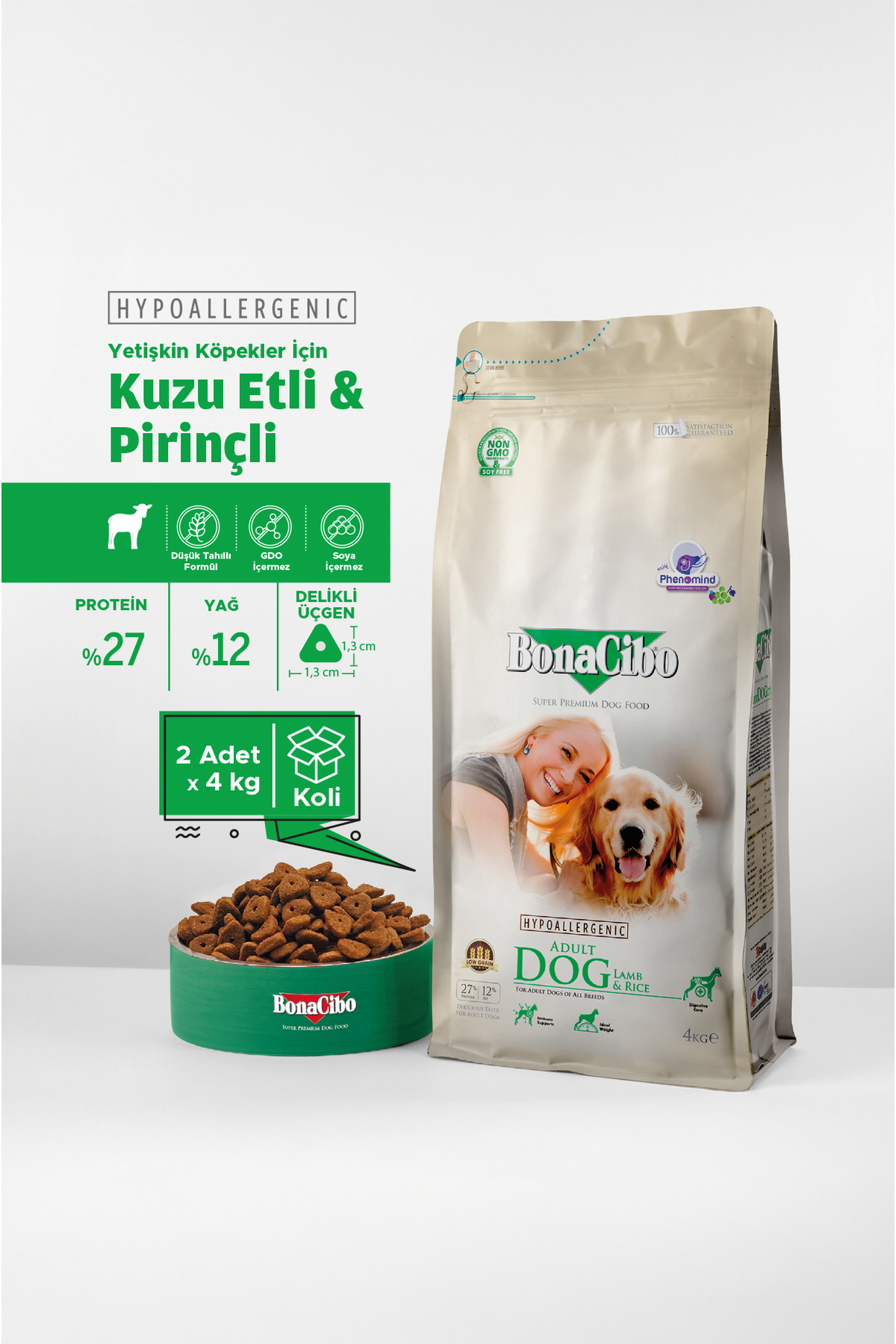 BonaCibo Adult Dog Lamb & Rice Kuzu Etli Ve Pirinçli Yetişkin Köpek Maması 4 Kg X 2 Paket