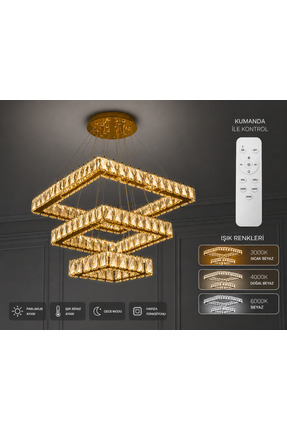 RSCOLLECTIONS Kristal Taşlı 3 Katlı Kare Camlı 3 Renk Kumandalı Ledli Avize